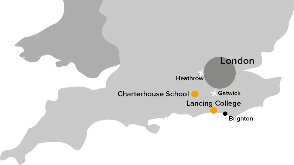 UK map showing charterhouse school and lancing college in relation to London