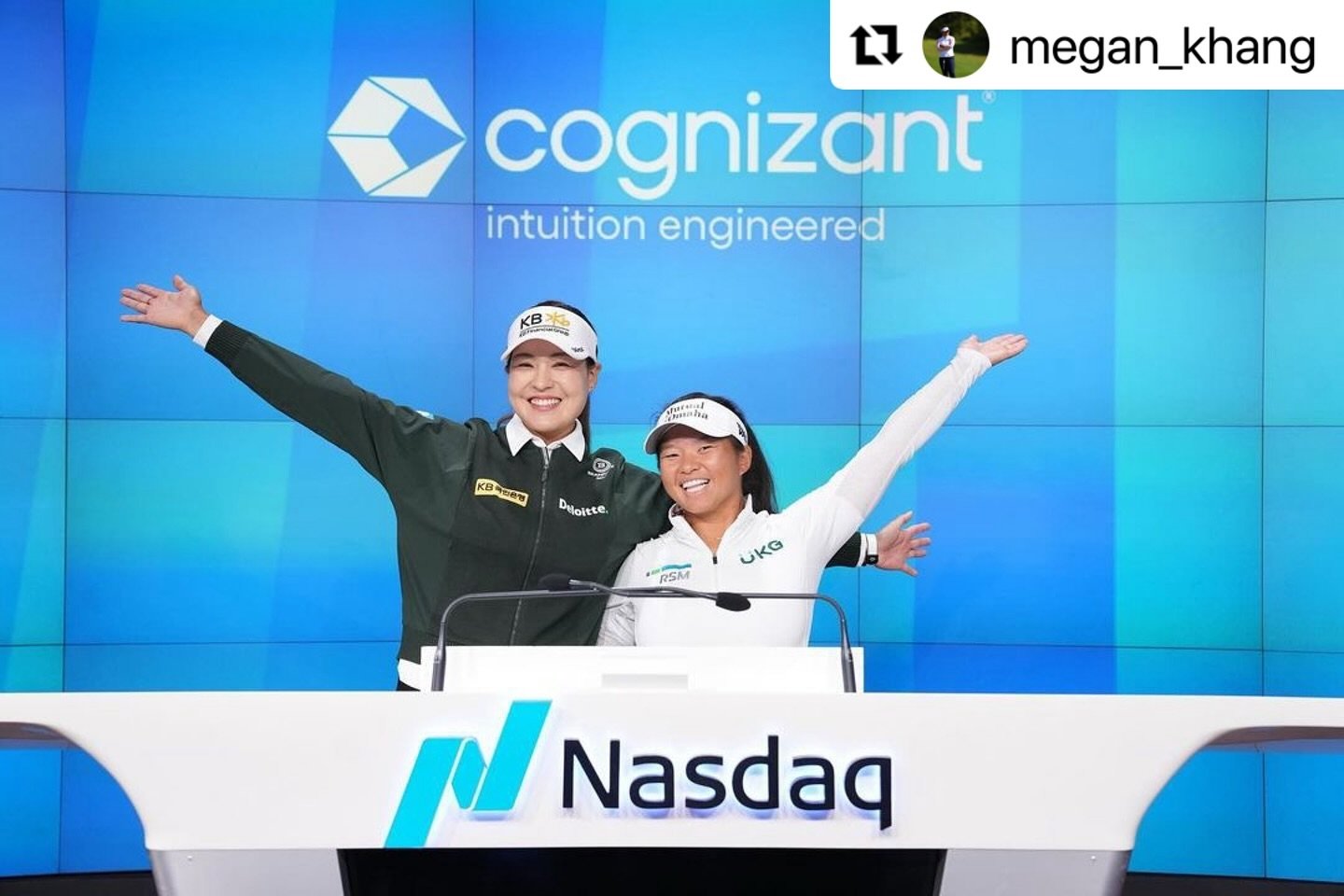 Megan Khang ringing the Nasdaq Stock Market Bell in Times Square this morning to promote the Cognizant Founders Cup!
・・・
#Repost @megan_khang