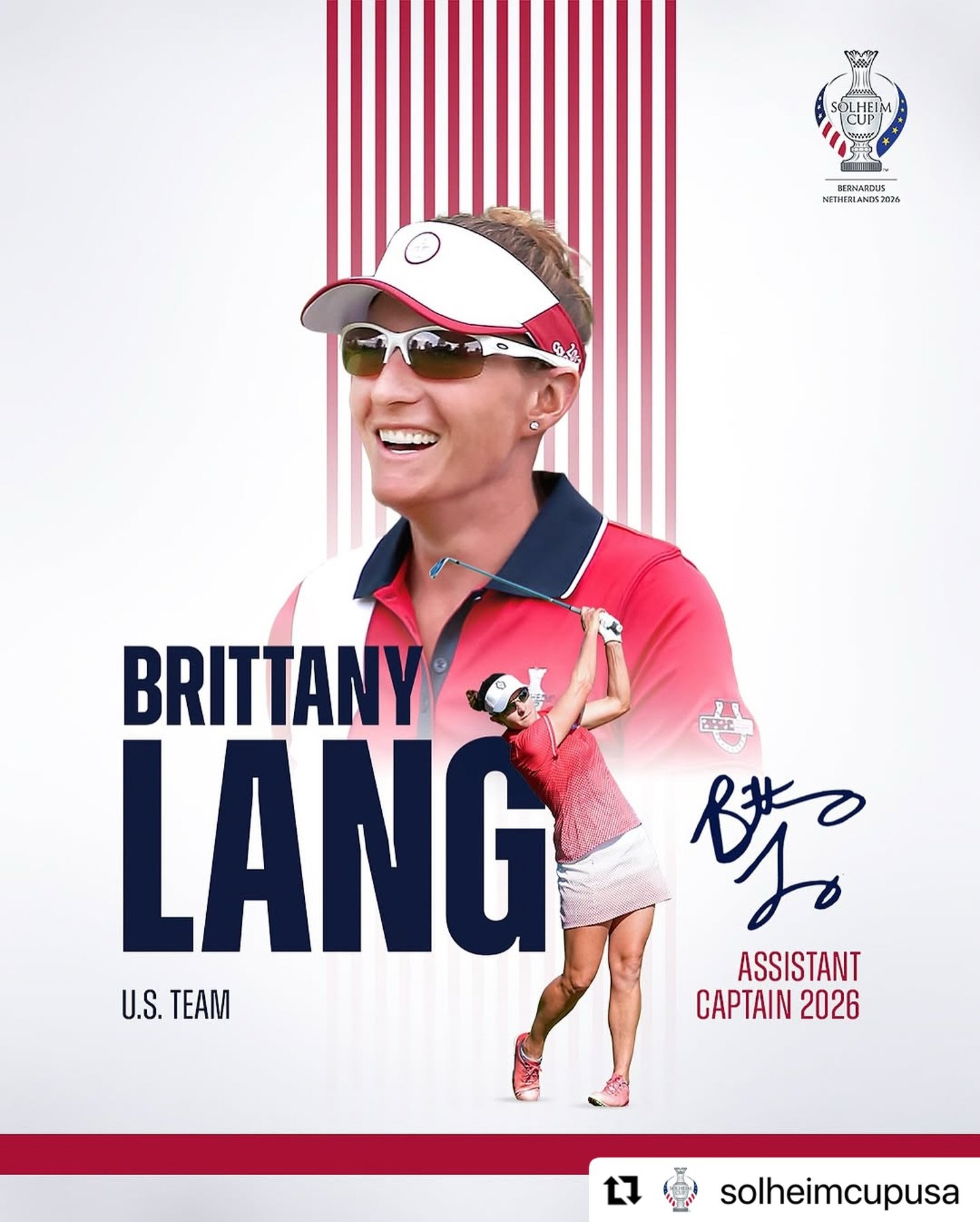 Congratulations to 5-time U.S. Solheim Cup Team Member Brittany Lang for being selected as an Assistant Captain for the 2026 Solheim Cup in The Netherlands! 🇺🇸
・・・
#Repost @solheimcupusa