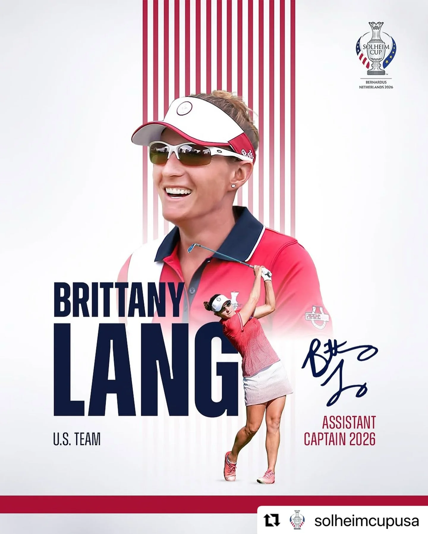 Congratulations to 5-time U.S. Solheim Cup Team Member Brittany Lang for being selected as an Assistant Captain for the 2026 Solheim Cup in The Netherlands! 🇺🇸
・・・
#Repost @solheimcupusa
