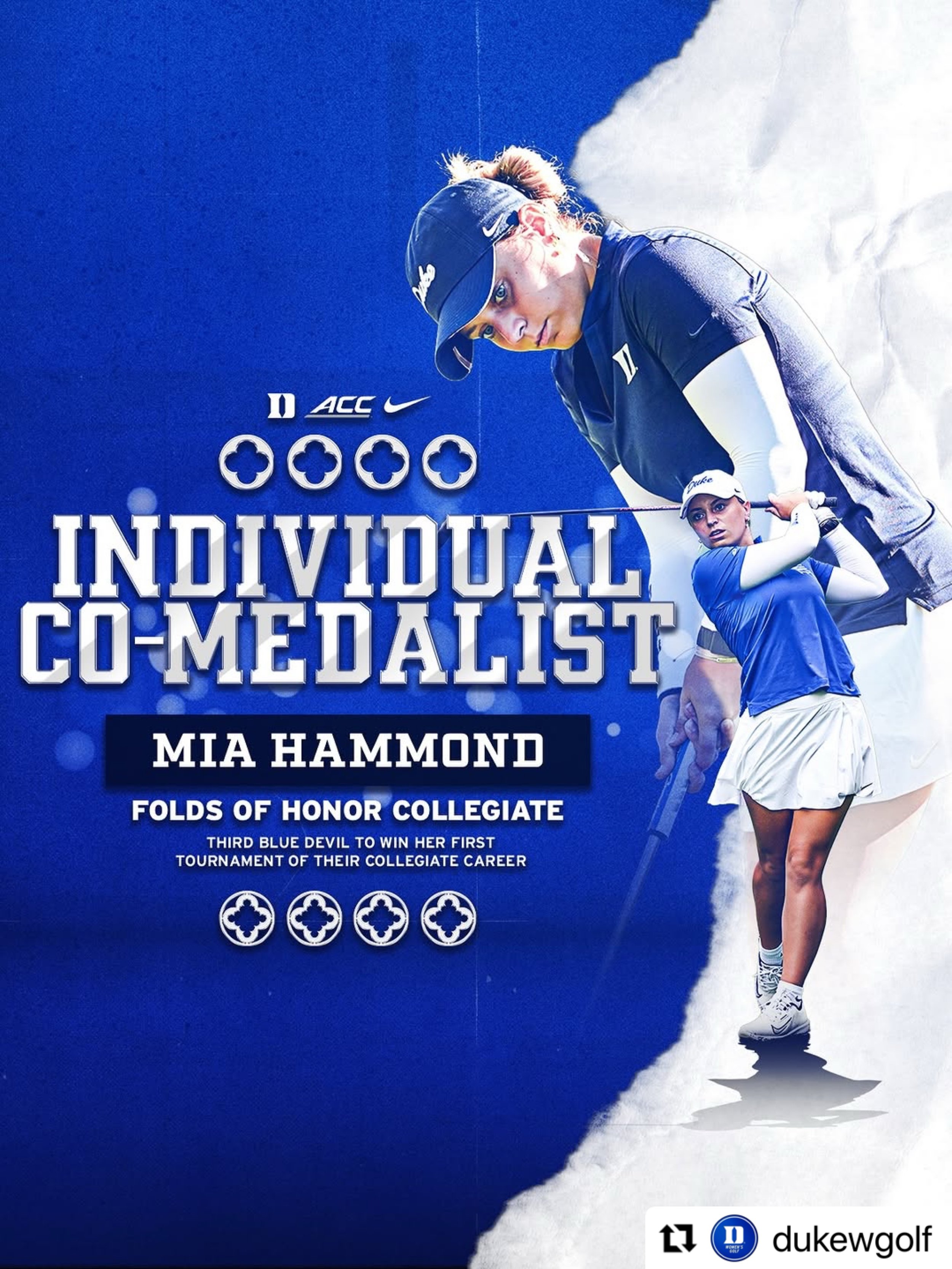 Congratulations to Mia Hammond for earning co-medalist honors in her collegiate debut at the @foldsofhonorcollegiate! 🏆💙
・・・
#Repost @dukewgolf