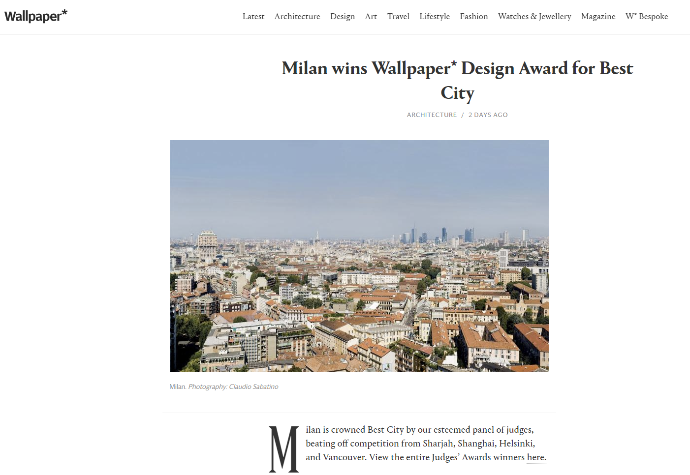 GAME DESIGN —NEWS: MILAN WINS WALLPAPER* DESIGN AWARD FOR BEST CITY
