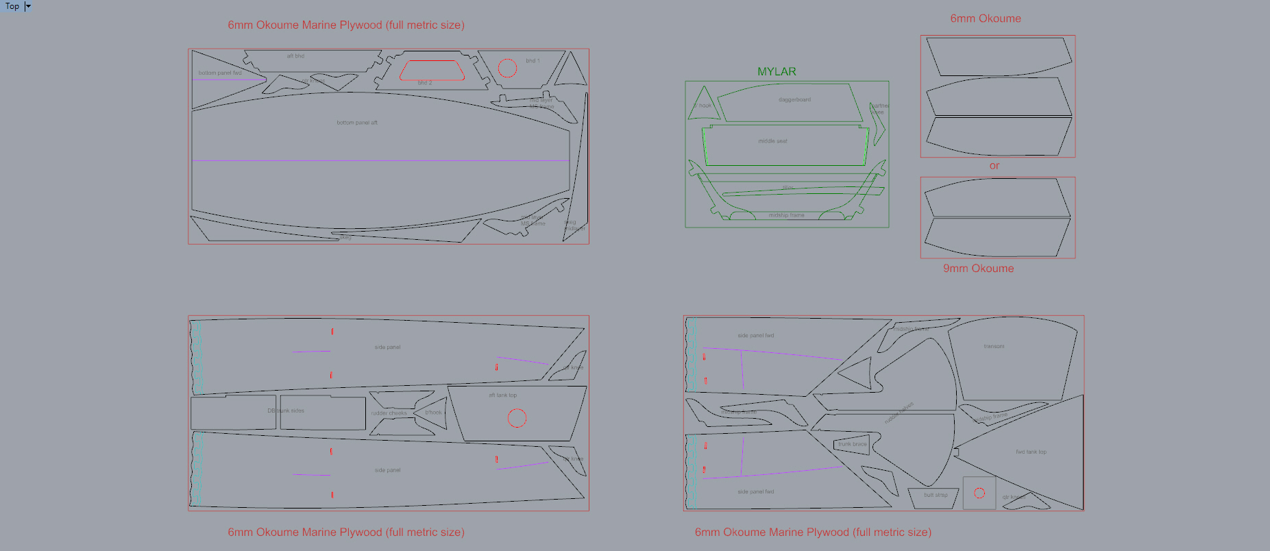 The Echo Bay Dory Skiff takes 3 sheets of 6mm plywood and a half sheet of 9mm plywood.