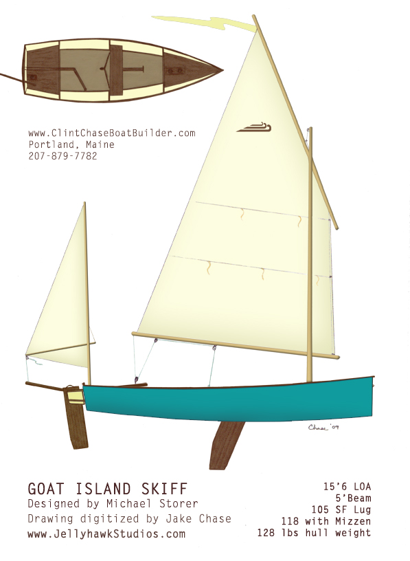 An old classic hand drawing I did way back when I started with the Goat Island Skiff!   Mizzen Brackets  are now available to convert your Goat to a Yawl.