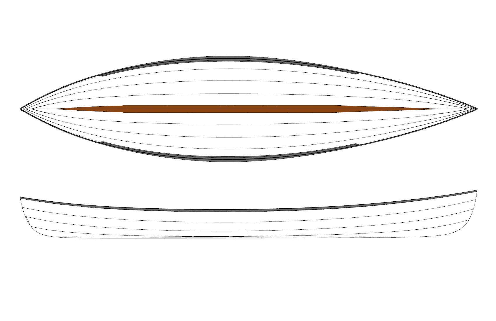 DRB HULL PLAN & PROFILE The plan view shape shows the designed fine entry and fullness aft which allows for the greater speeds in race conditions. The brown strip is a inner keel. The gray gunwales show the wide outer rails which put the oarlocks further outboard.