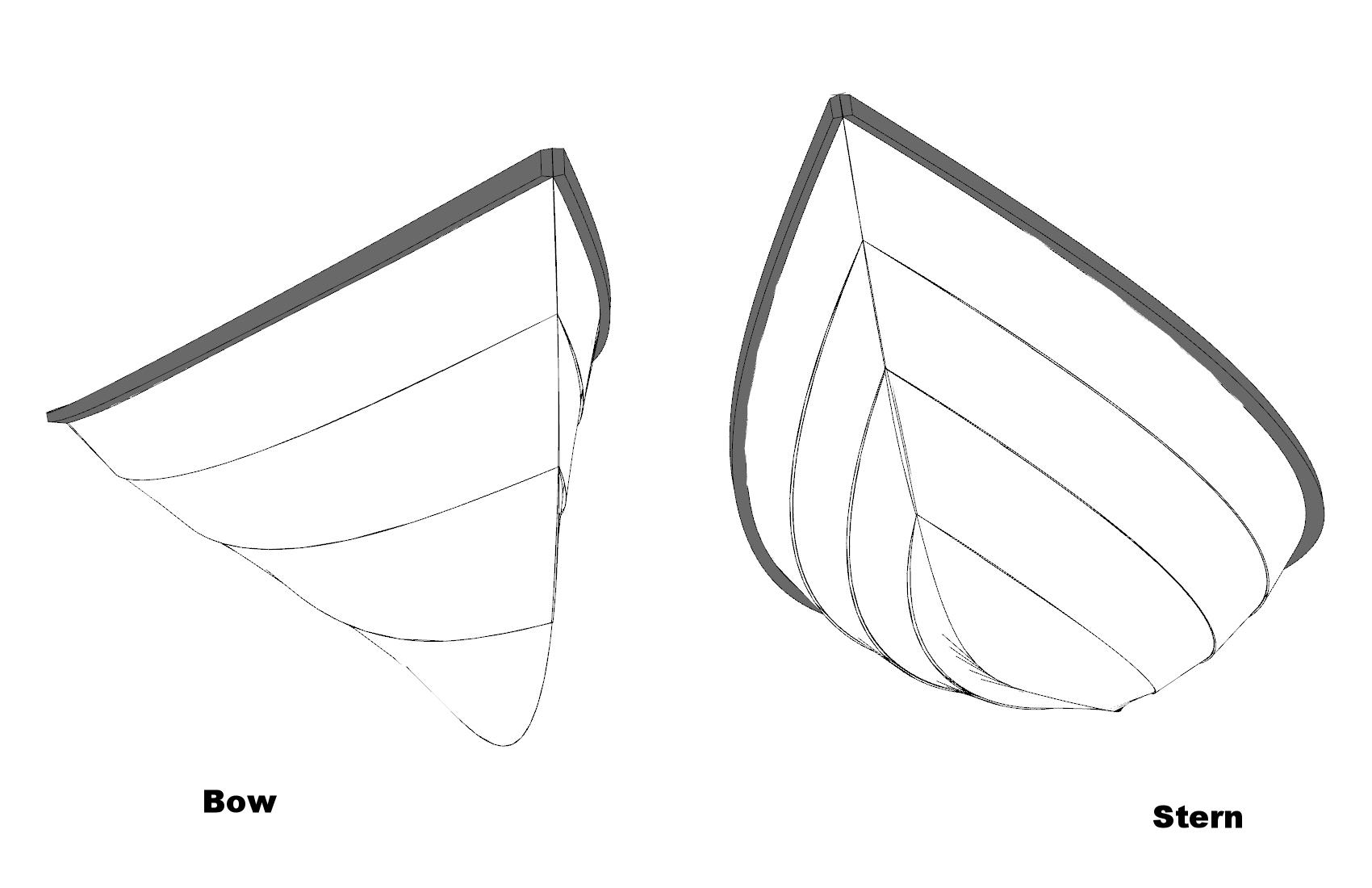 DRB HULL PERSPECTIVES The bow view shows a very fine entry and the stern view shows the fullness in the aft end which will support rowing at higher speeds.