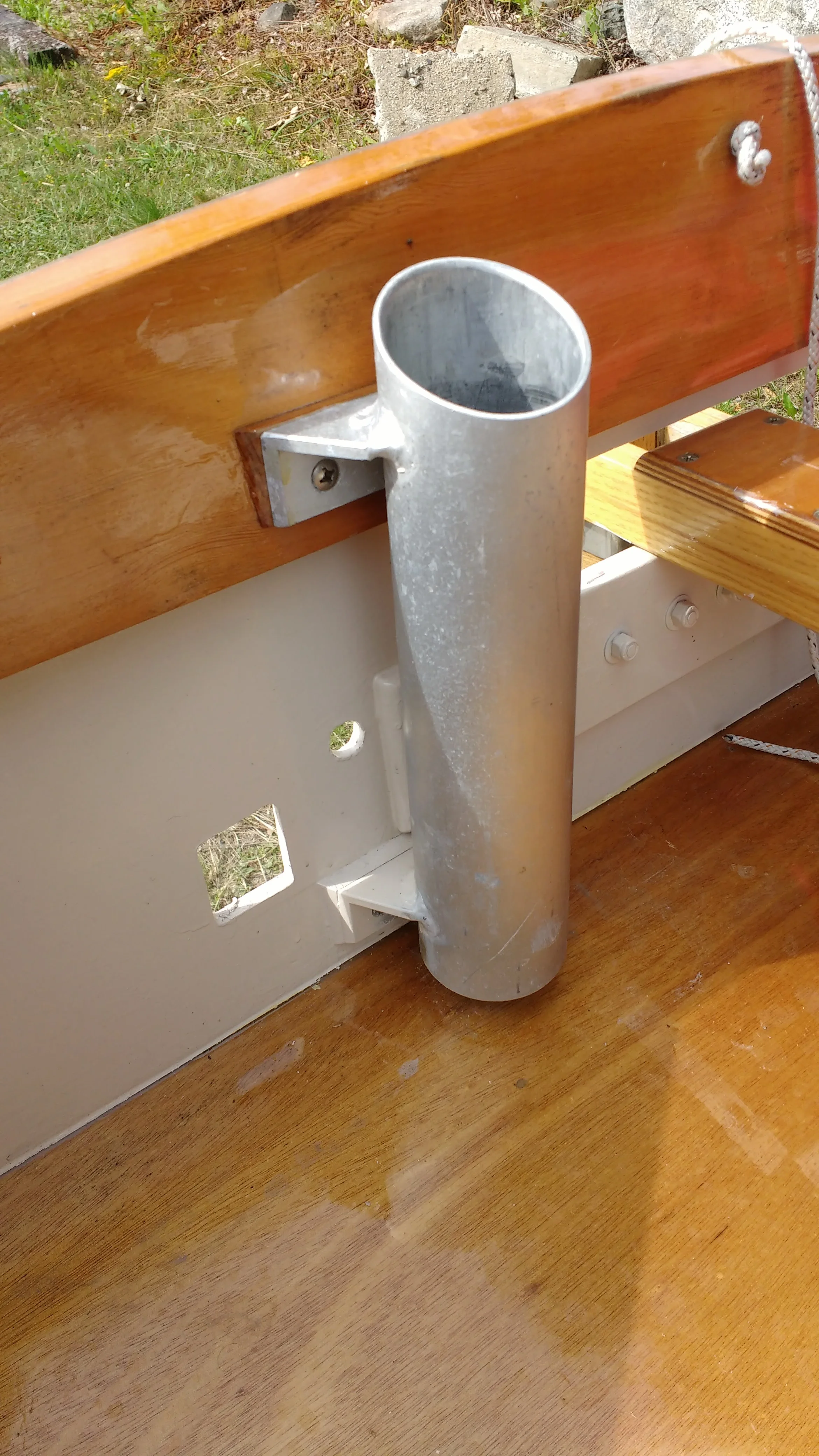 This bracket was the first to be made for an early GIS yawl kit. It worked great. It could have been painted, but the builder kept it as is, so it isn't as shiny as they look when they ship.