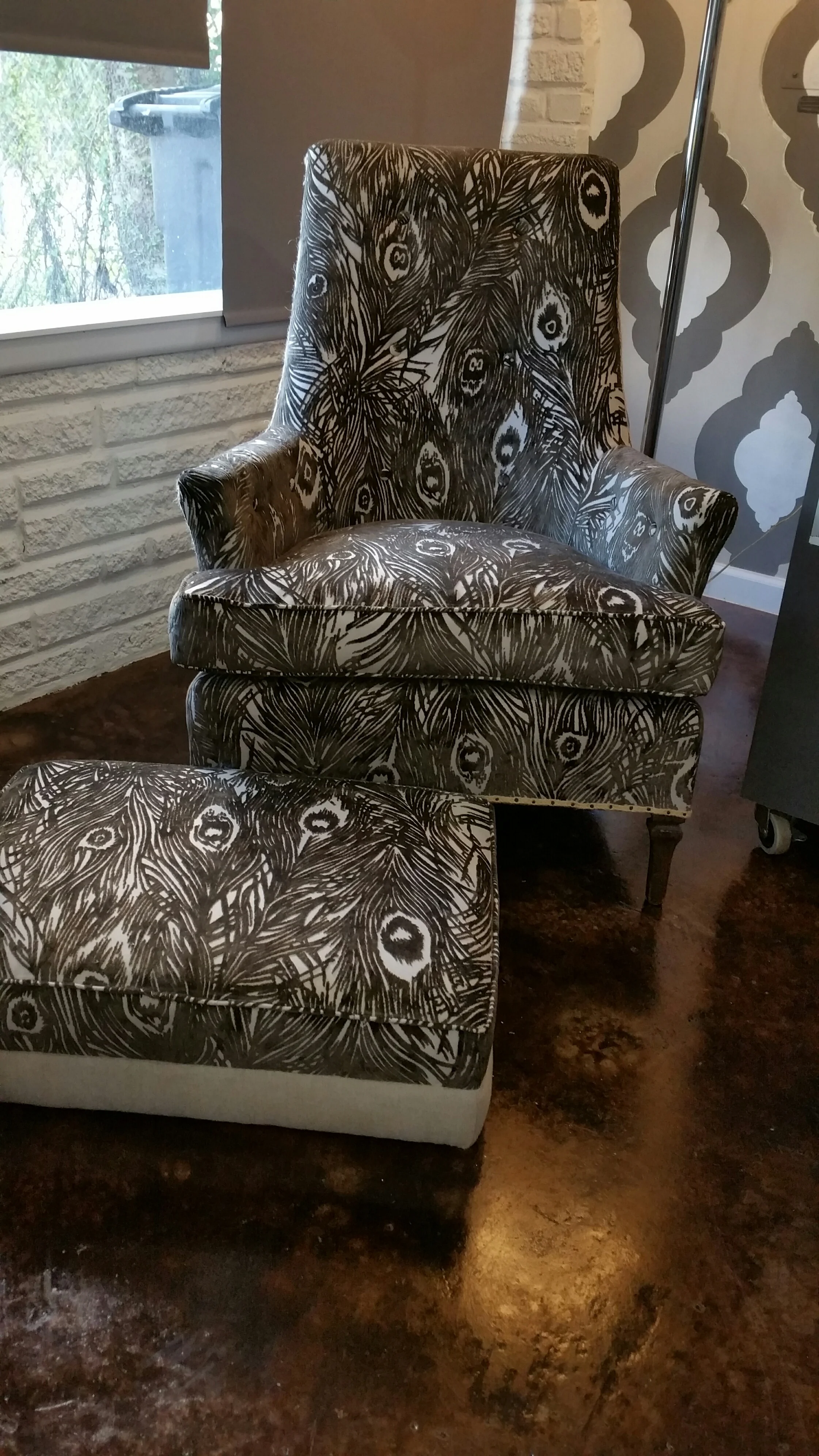 Grey Peacock Cut Velvet Mid Century Chair and Ottoman with Linen Back and Burlap Trim- $785 for the set
