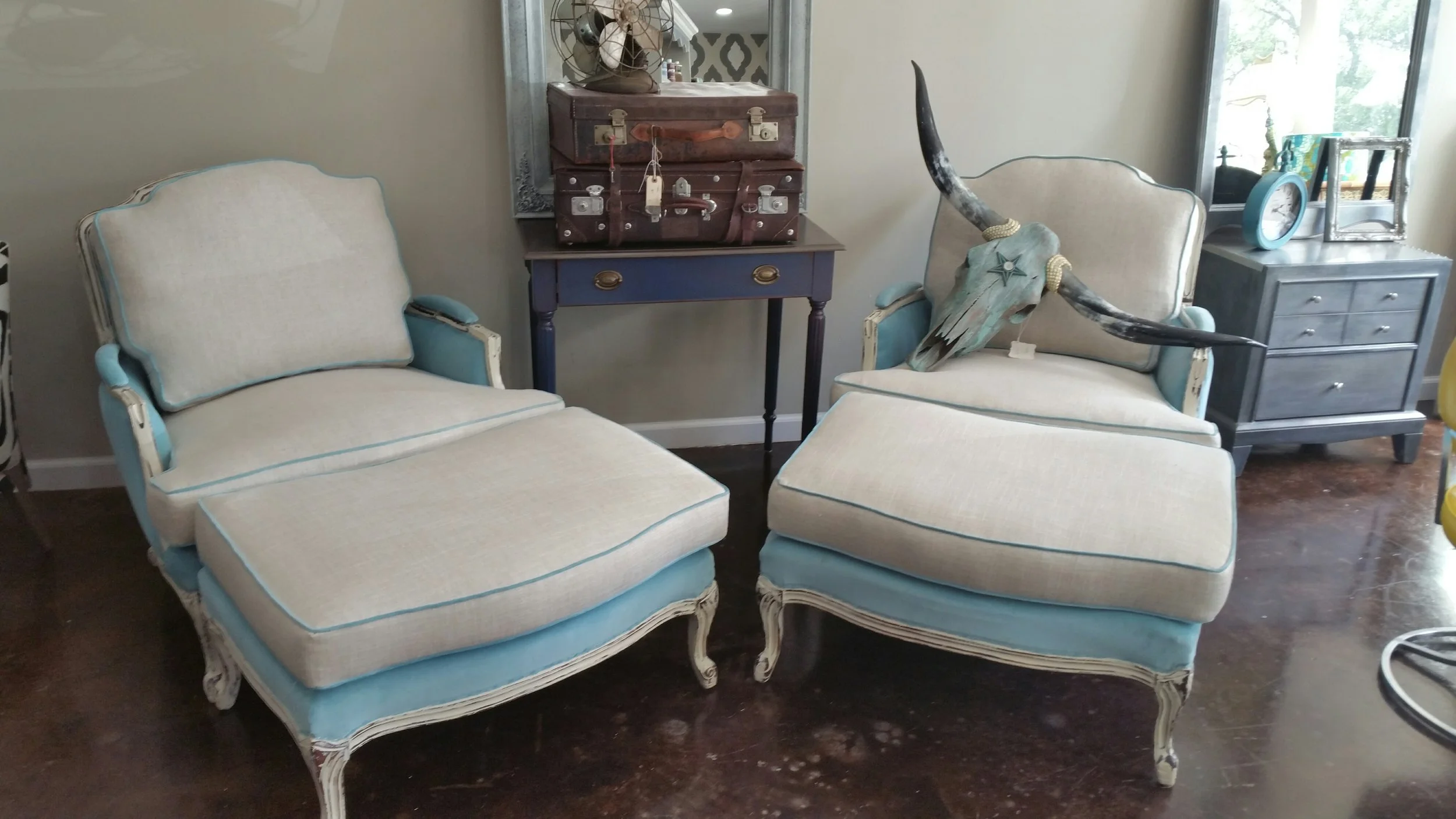 Vintage Bergere Chairs and Ottomans- $2,500.00 These can be customized with Embroidered Monograms on the Pillows! The finish trim is also available to be customized as well with nailheads or without. The cushion covers are washable with Sunbrella fabric and the body is covered with a vintage inspired velvet.