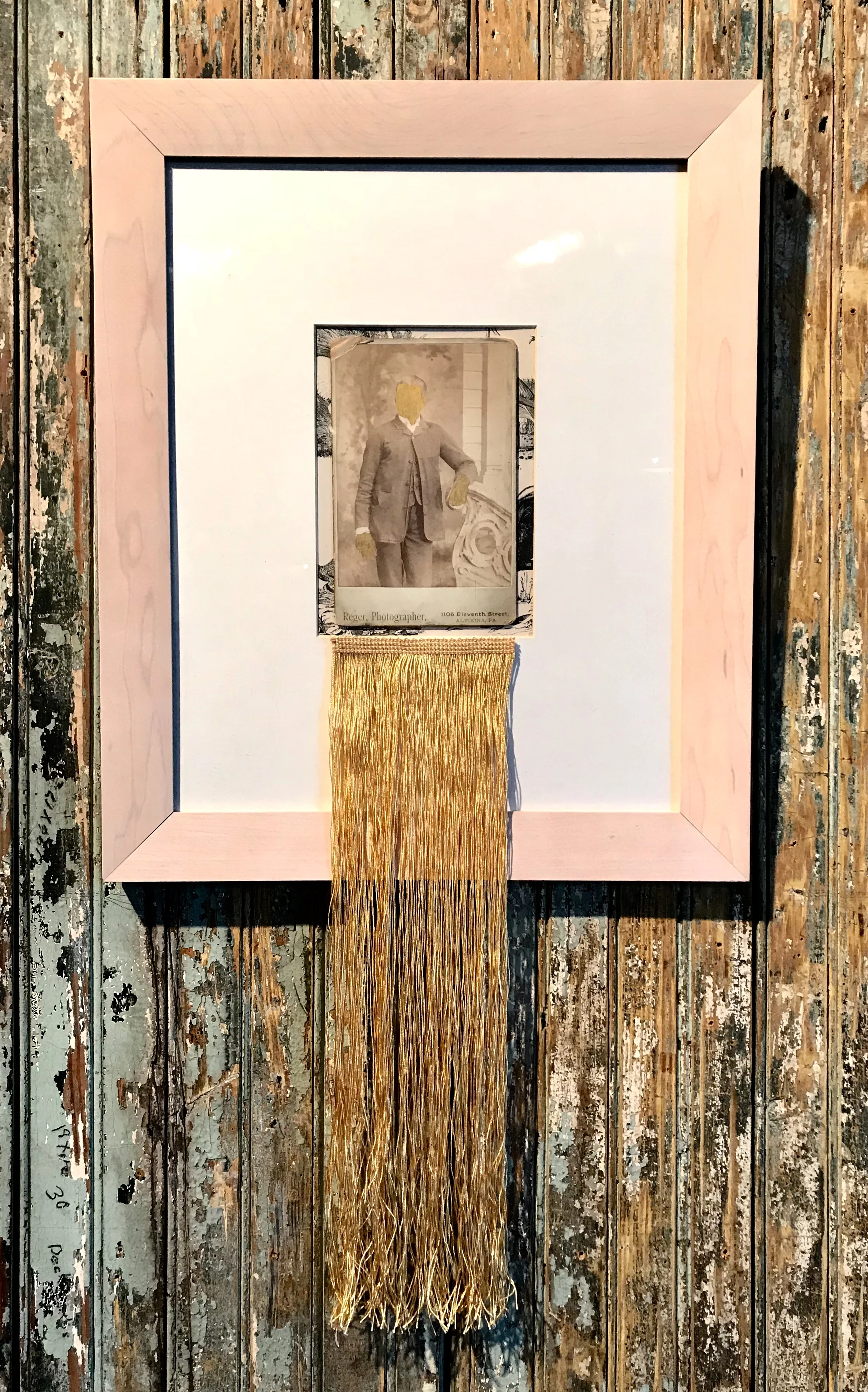 original portrait of great grandfather Elmer, 23k gold leaf, page of a book, tassel, framed. 11” x20” x1”