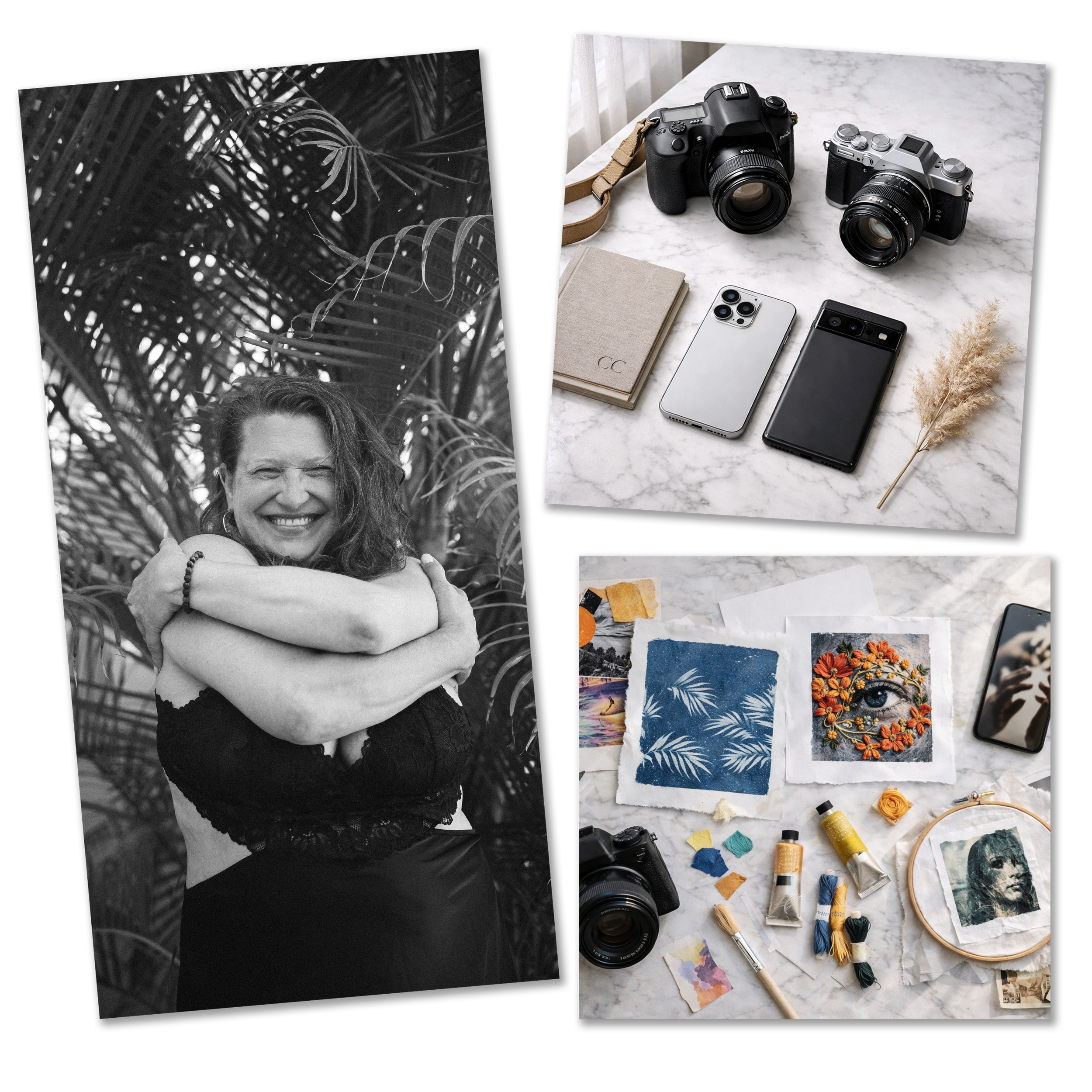 Montage d’ateliers créatifs : portrait axé sur l’image corporelle, appareils photo et téléphones, cyanotype, peinture et techniques mixtes pour explorer et créer autrement.