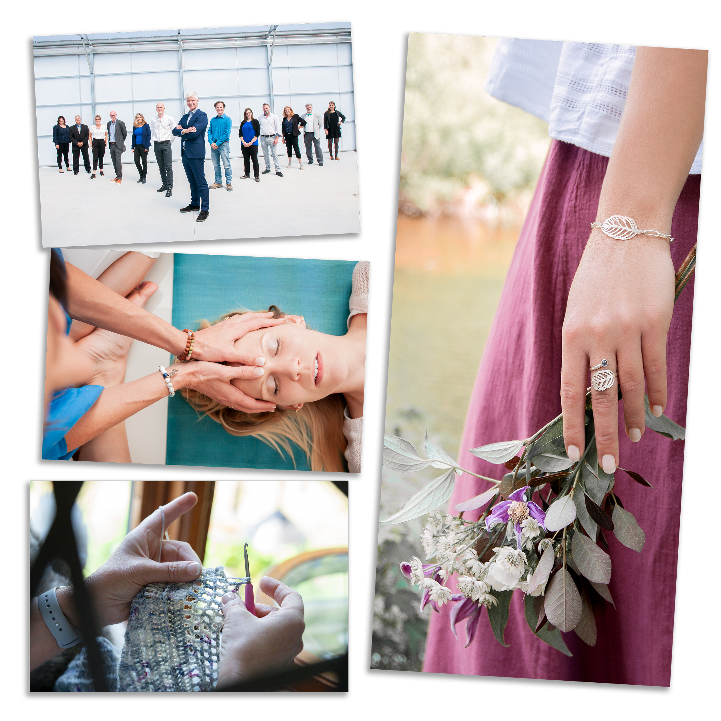 Montage de photographies d’image de marque présentant une équipe en entreprise, des bijoux artisanaux, une séance bien-être et des mains pratiquant le crochet dans un cadre créatif.