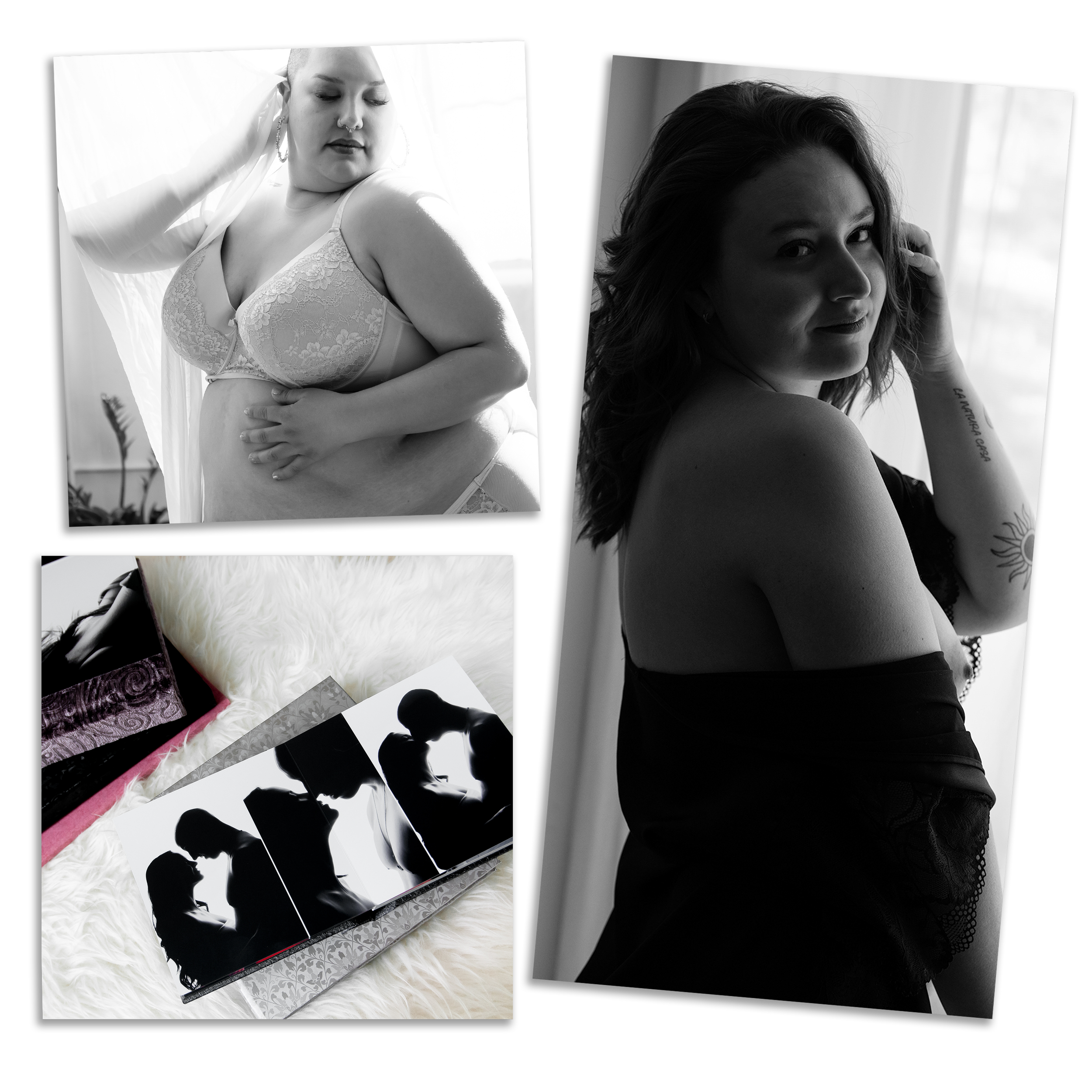 Montage de photographie boudoir inclusive en noir et blanc : portraits de femmes aux corps diversifiés en lingerie et album photographique personnalisé.