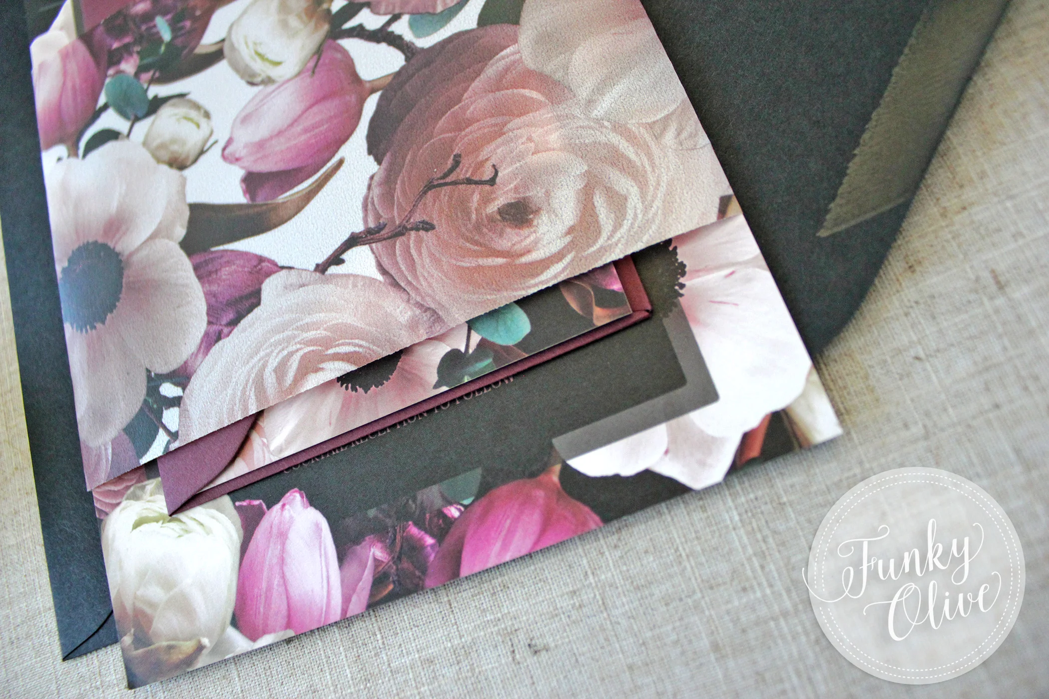This lovely floral pattern in an extra wide band made of metallic shimmer vellum softens up this dark and moody suite in the perfect way.
