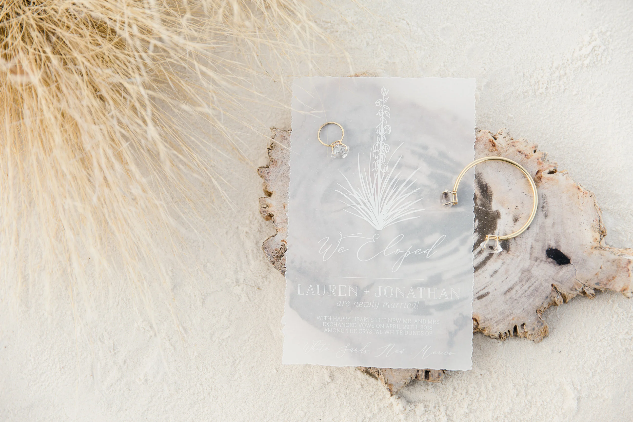 Vellum cardstock Elopement Announcement, shown with custom illustration, white ink printing and deckled edges, in over-sized A9 sizing. Photo © Arielei Kinzer Photography