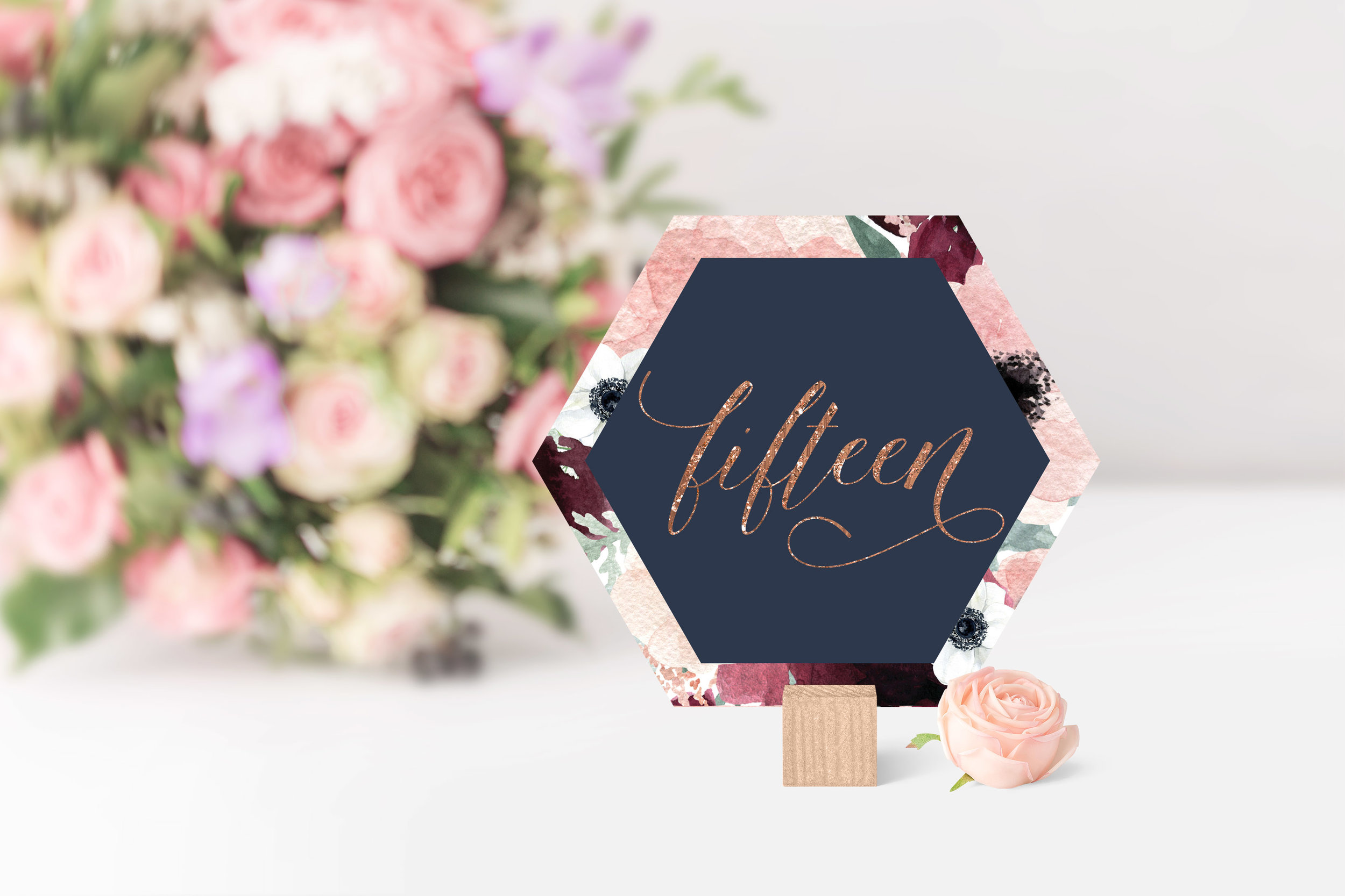 NAVY & BLUSH FAUX GLITTER HEXAGON TABLE NUMBERS.jpg