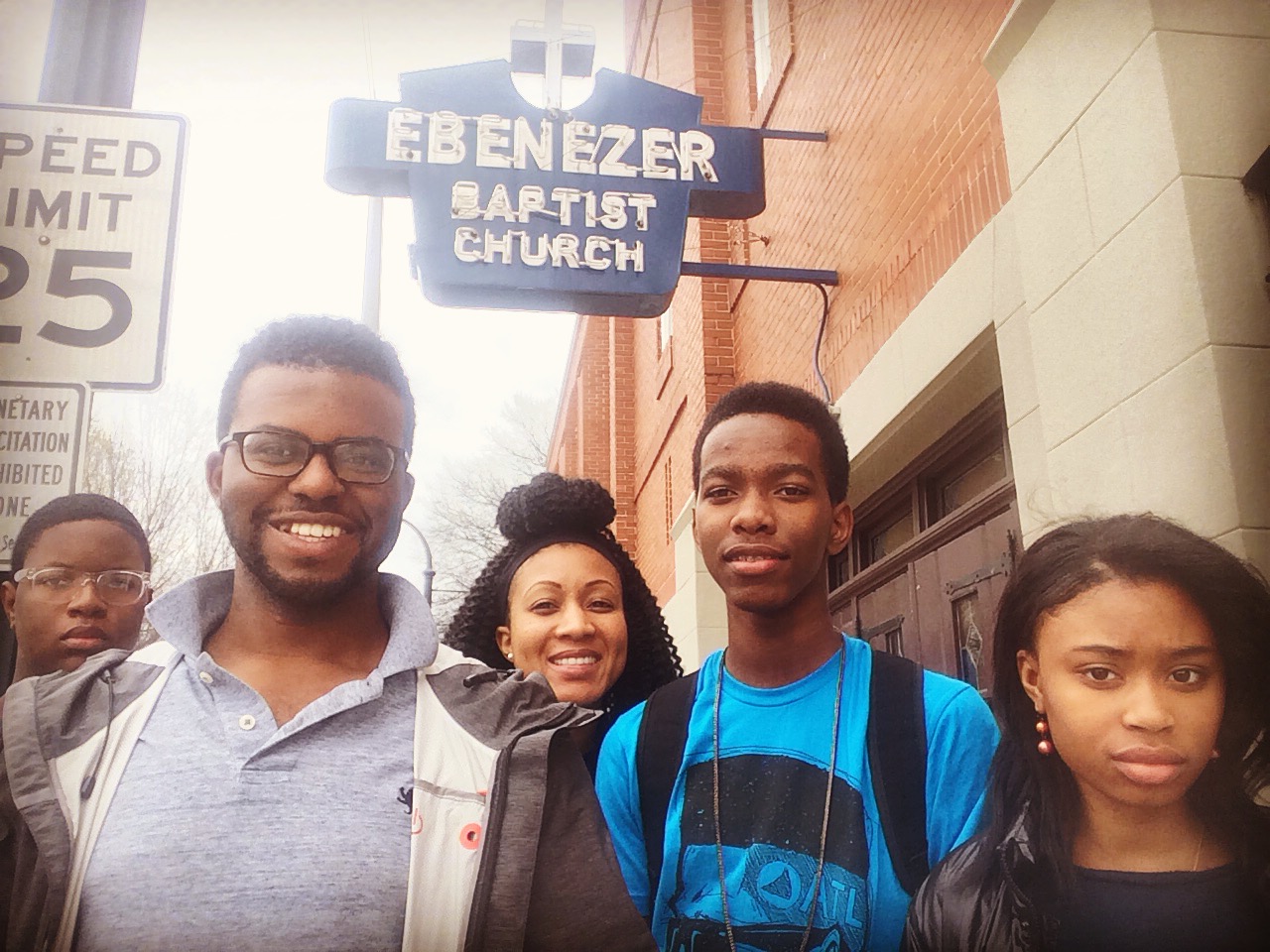 Liz (center) with Jahzamire (far right) and other members of Urban Hope's Young Leaders Group visiting the church where Dr. Martin Luther King, Jr. was baptized and ordained.