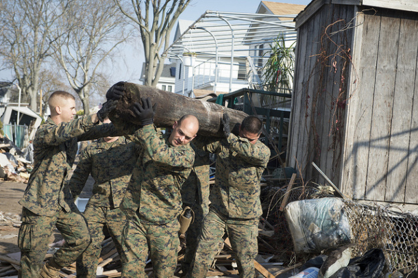 Marines from the 8th Engineering Support Battalion, N.C. removed rubble in New York in the aftermath of Hurricane Sandy.