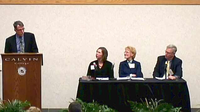 Dr. Carlson-Thies (left) with panel respondents Dr. Leah Sappen Anderson, Professor of Political Science at Wheaton College, Shirley Roels, of the Council of Independent Colleges, and Bill Blacquiere, President of Bethany Christian Services .