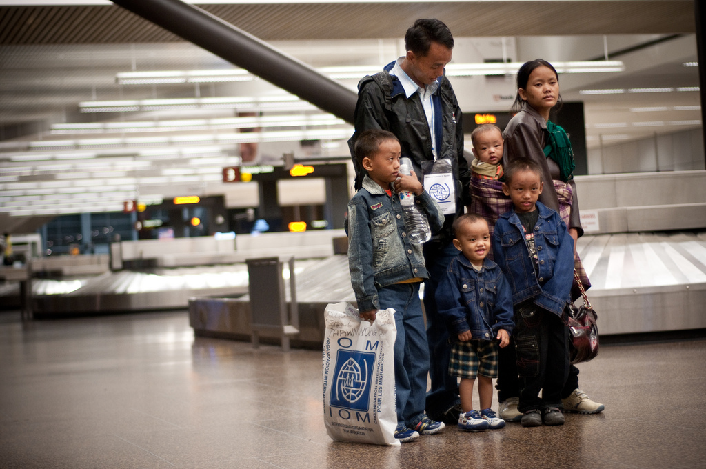 A refugee family arrives at a U.S. airport. Photo via worldreliefnashville.org.