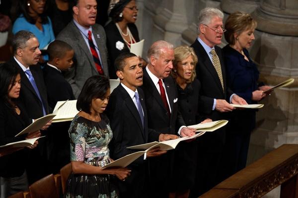 The Obamas, Bidens and Clintons at a National Day of Prayer service.