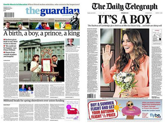 The front page of The Guardian and The Daily Telegraph.