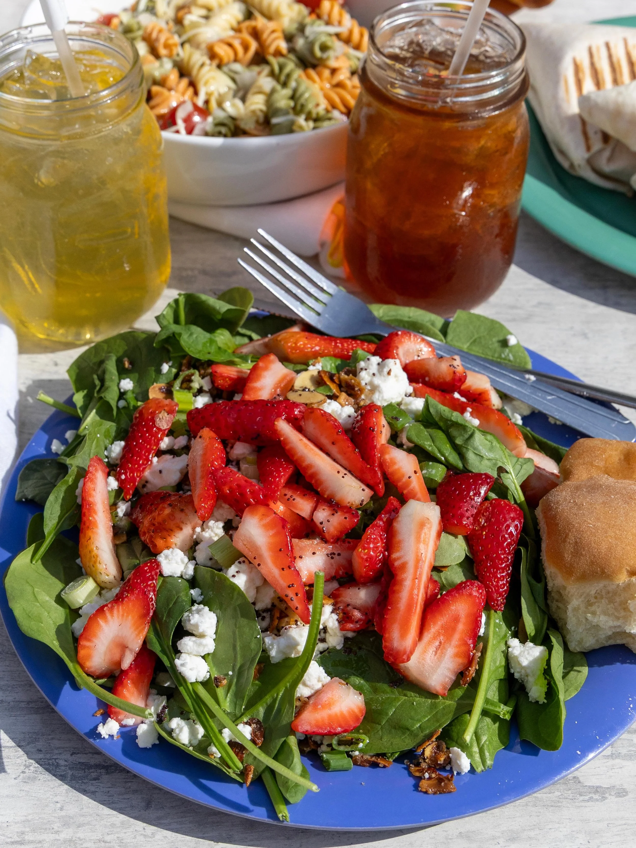 Beat the heat! ☀️#strawberryspinachsalad #coldbrew #summertime #onthepatio