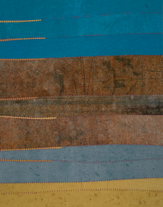 You can't say civilization don't advance... in every war they kill you in a new way. | 2014 photographs and handsewn thread | 14 x 11