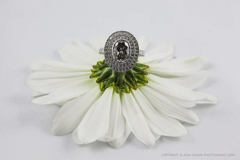 Oval Shape Fancy Grey Diamond with 18K Black Gold Double Halo