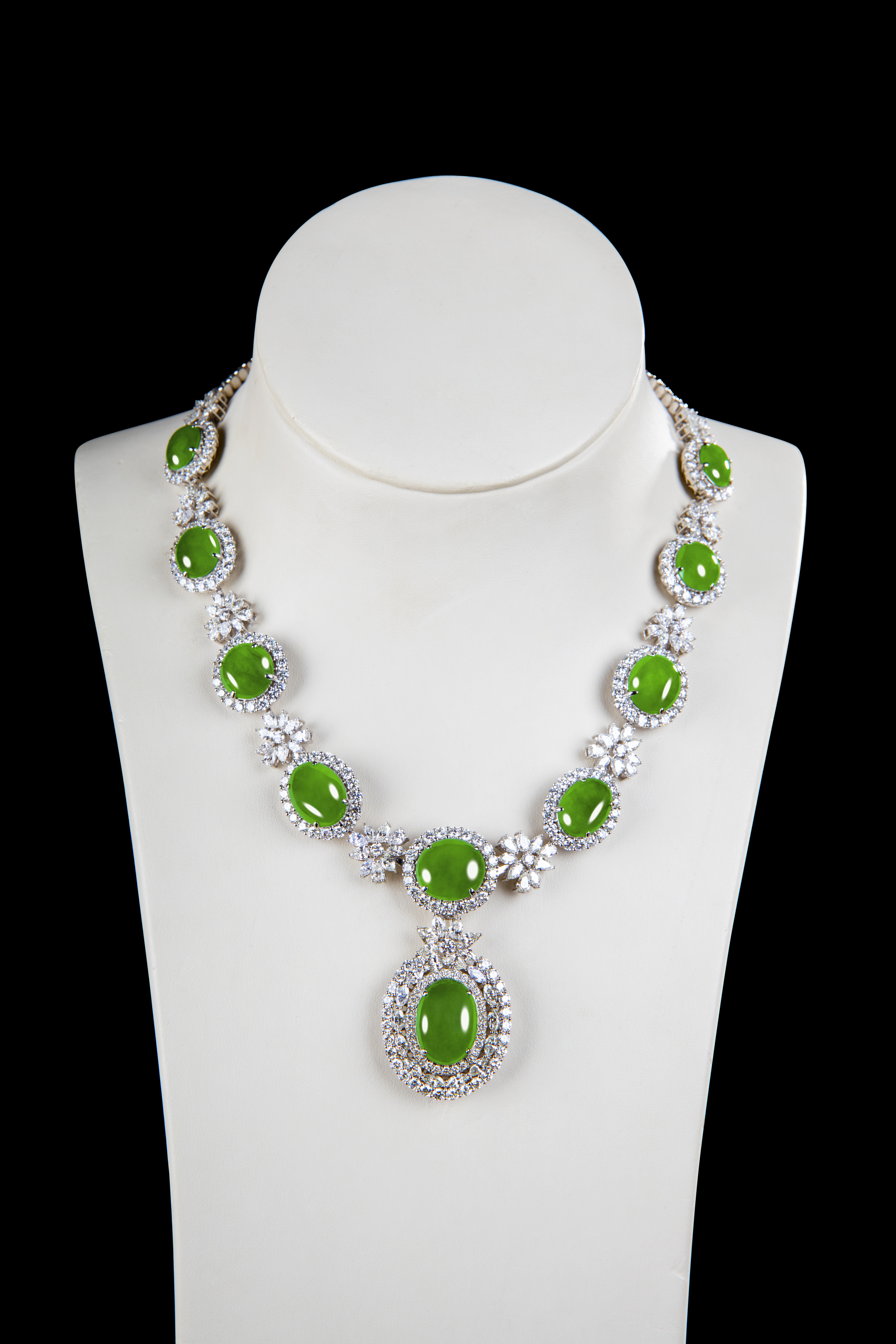 Jadeite Jade "A" Type Magnificent Matching Green Cabochon Diamond Necklace
