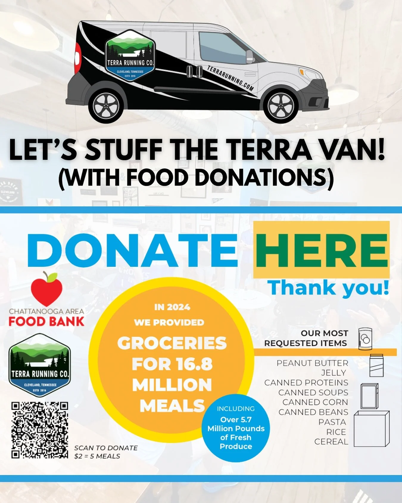 Help us Stuff the Terra Van with food donations for our friends at @chattfoodbank this month! 🚐 Through the end of November, we&rsquo;re collecting food items at Terra Running for our friends and neighbors. Drop off a can at Terra Trot, bring us som