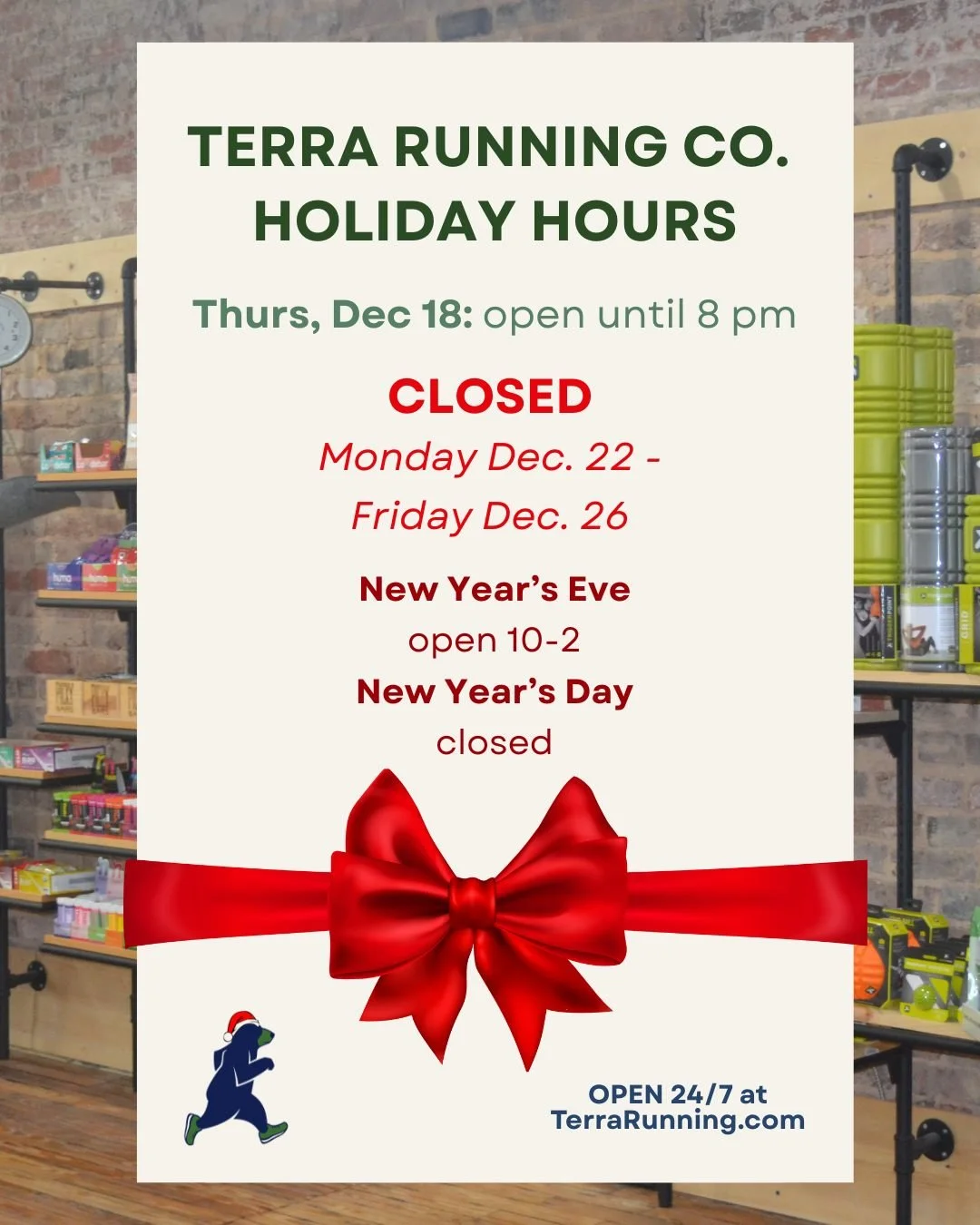 Still need to pick up some Christmas presents from Terra? Be sure to stop by before we are closed next week! 🎄

P.S. We are open until 8 pm tomorrow, Thursday the 18th! 🎅