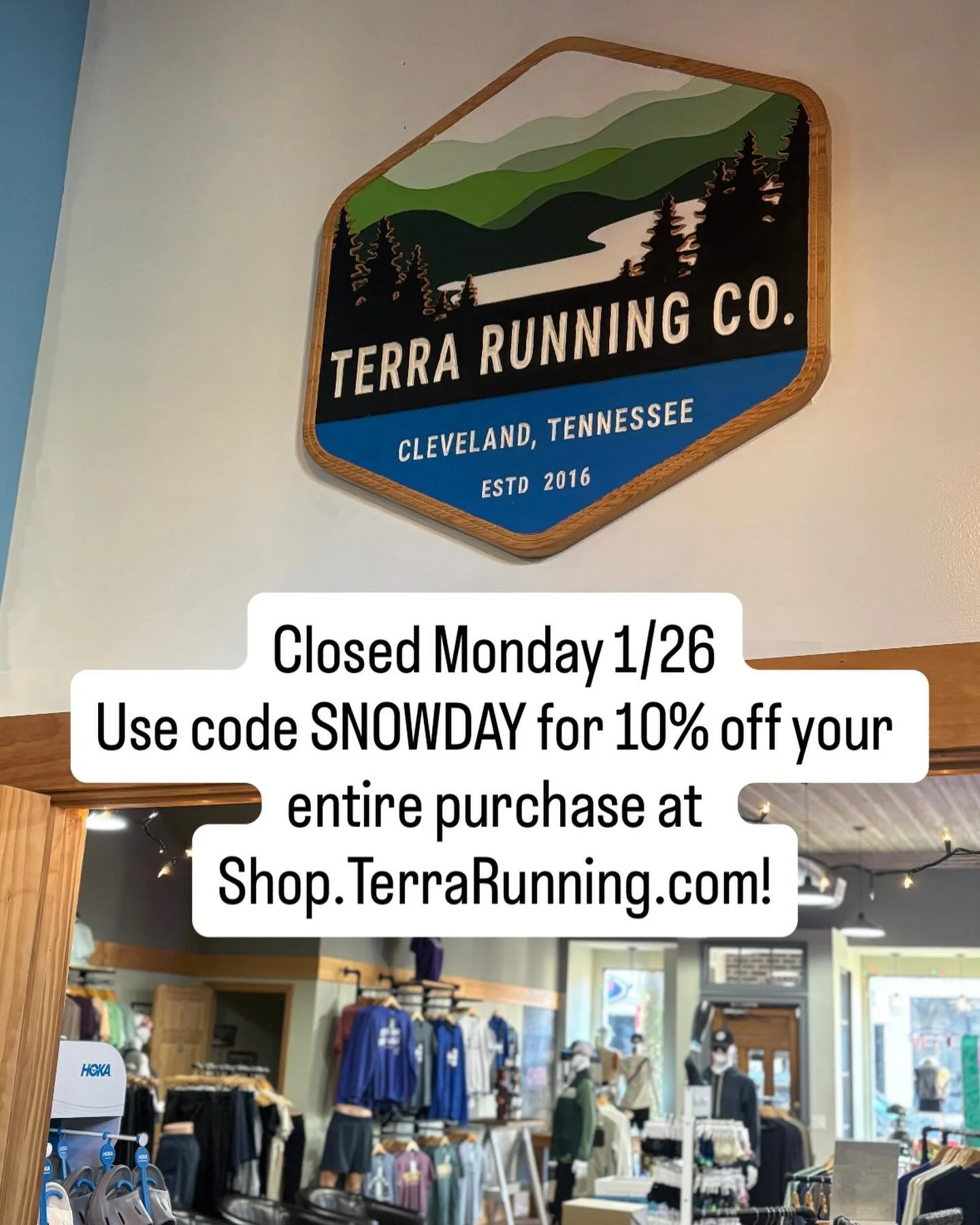 Terra Running is closed 1/26 and there will be NO TERRA TROT. Shop from the warmth of your couch at Shop.TerraRunning.com and use close SNOWDAY for 10% off your entire purchase! Stay safe and enjoy the cold 🥶