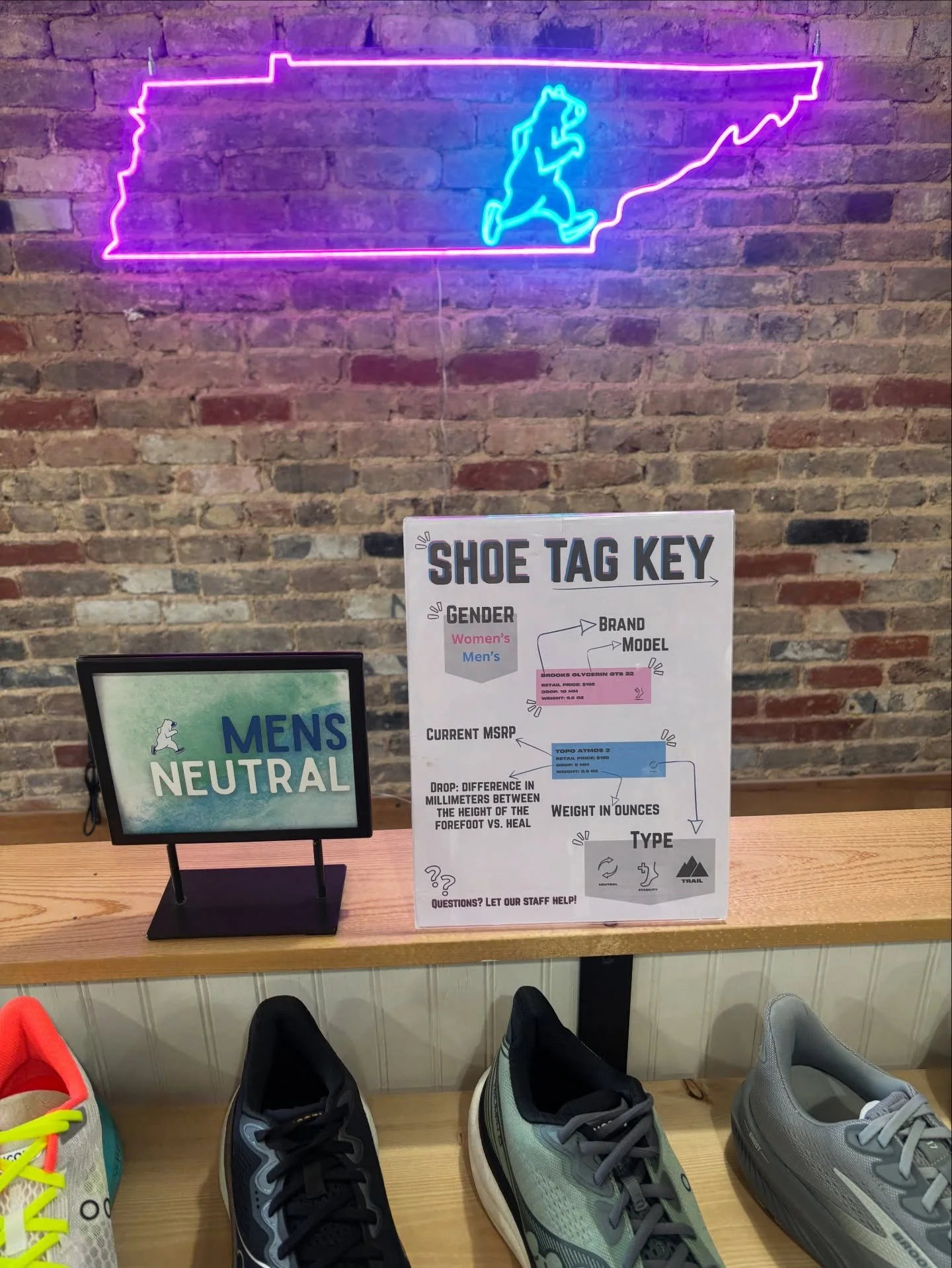 Each model we carry is displayed on our shoe wall with a tag that includes all the info you need! With one glance, learn the gender, brand, model, retail price, drop, and weight. Questions? Our knowledgeable, friendly staff is always available to tel