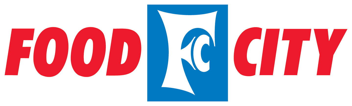 Logo of Food City with the words 'Food City' in red and a blue and white design in the center.