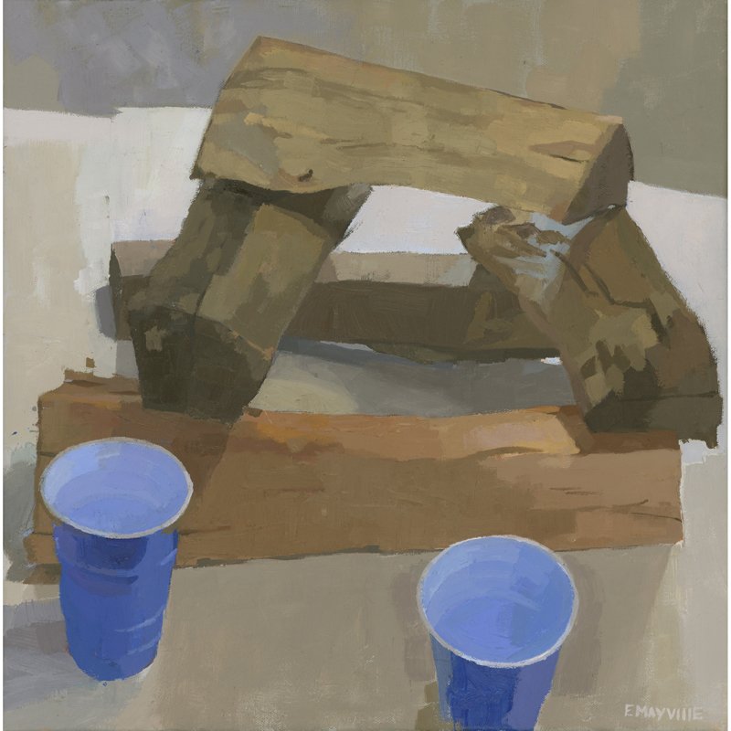    Blue Cups and Firewood   2024 oil on canvas 16 x 16” 