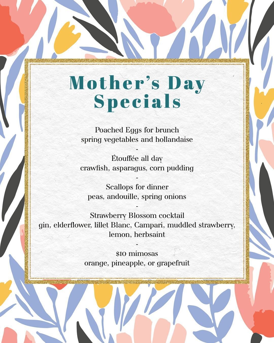 $10 mimosa special for Moms on Sunday, May 14! 🥂 Check out our other Mother's Day specials and save your table ahead of time. Link in bio.