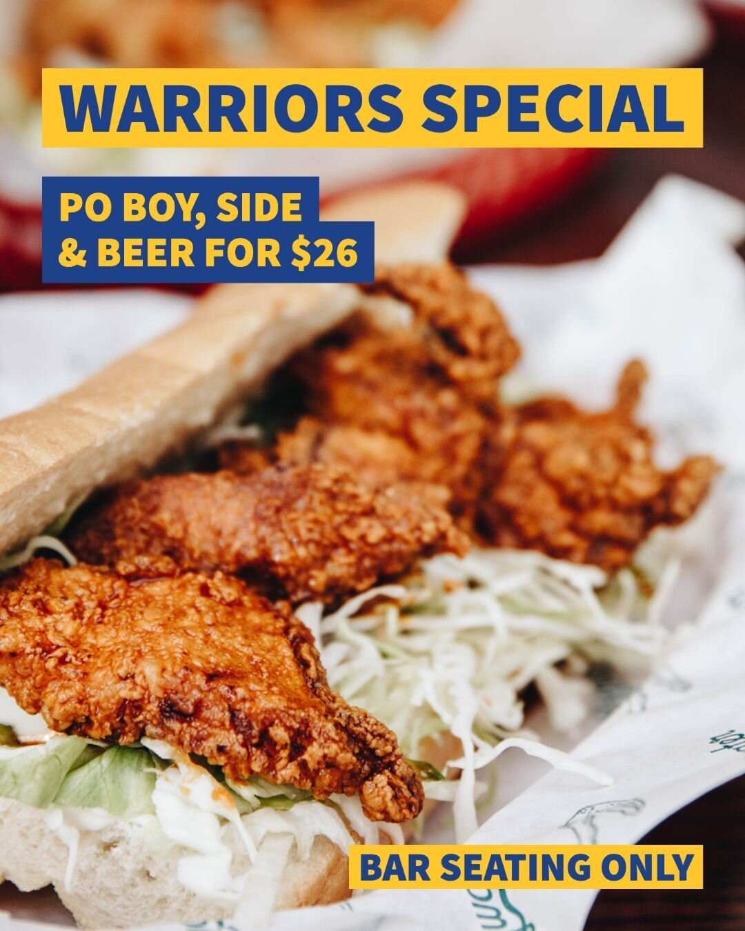 Warriors vs Lakers Game 3 is tonight at 5:30 PM! Happy hour from 3-5 pm and our Po Boy special at the bar is ON 🏀