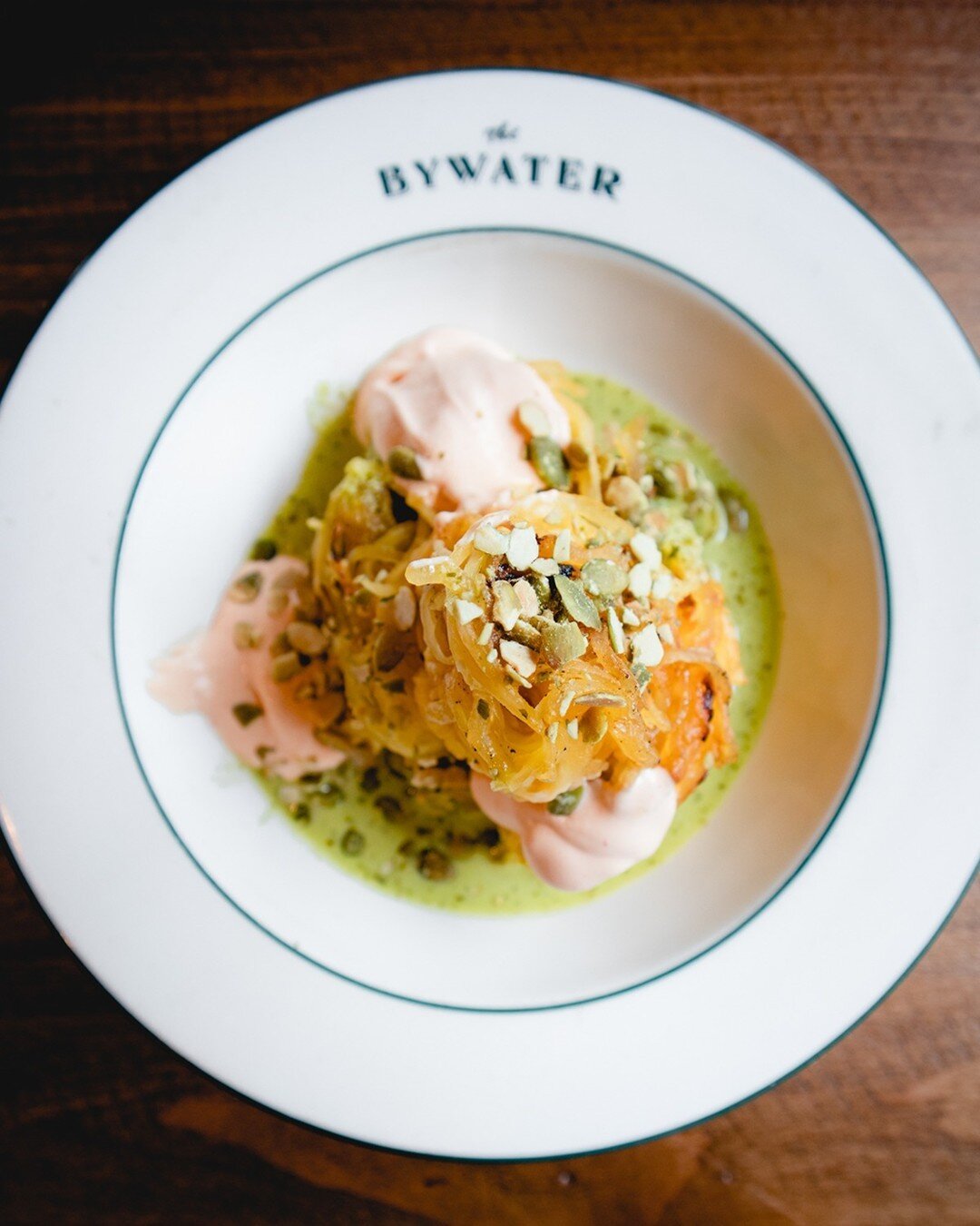 Spaghetti Squash with chilli cream, pumkin seeds and herb oil is available daily during our supper service.