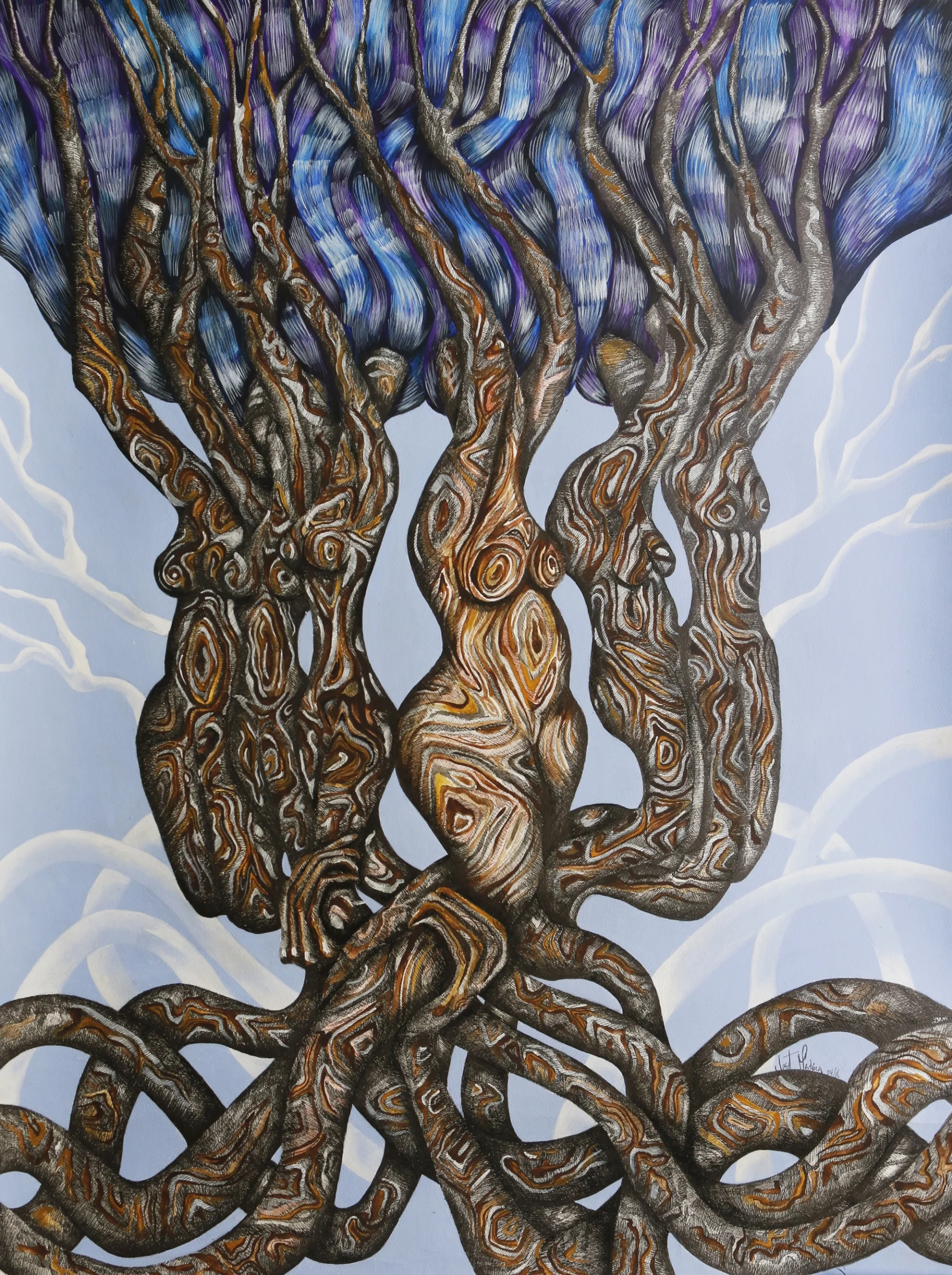 This painting represents in a symbolic way those wonderful women in my family, mimicked with nature, the nature that I have been appreciating and enjoying in San Francisco, California.
