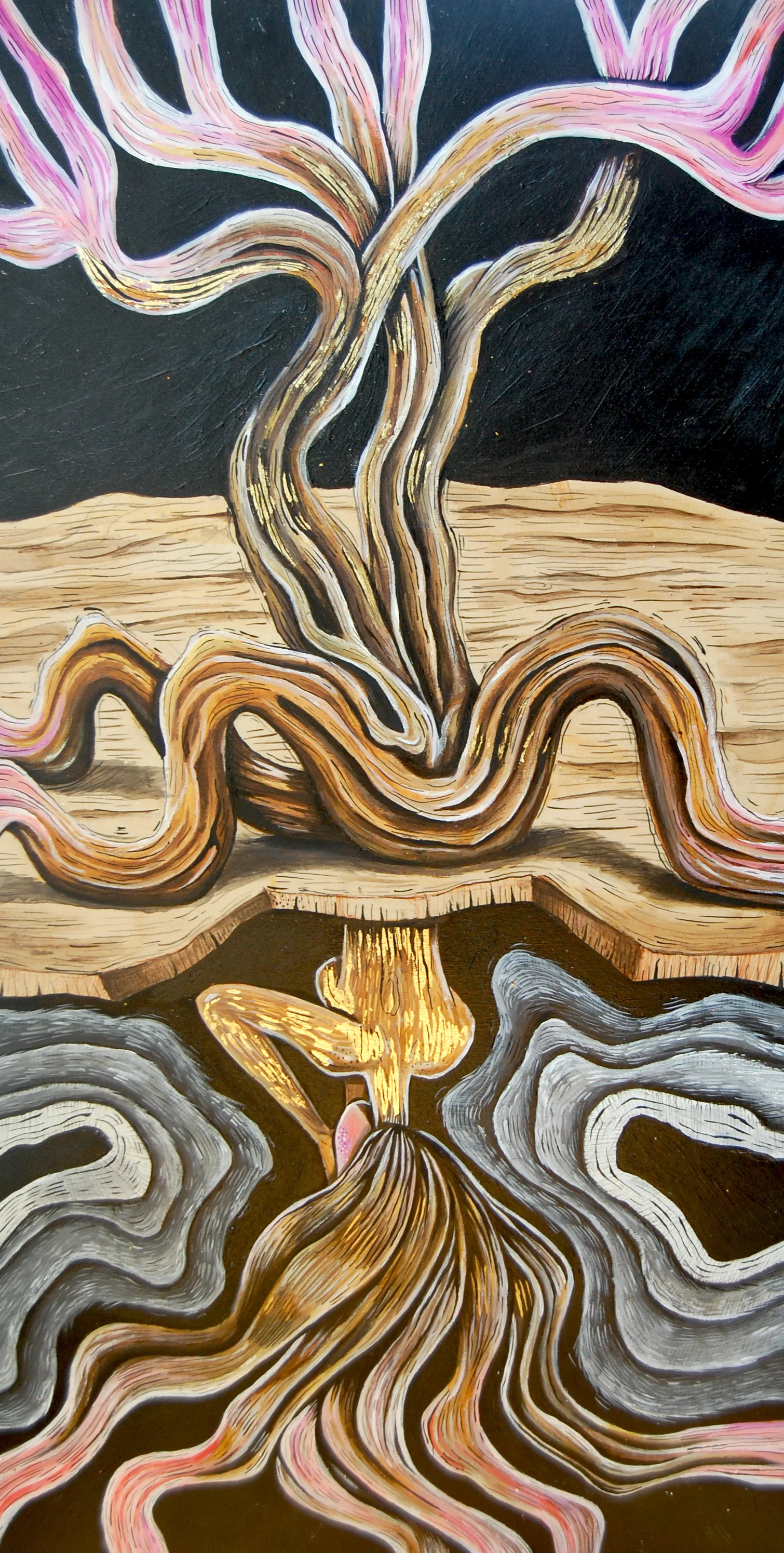  ROOTS  Acrylic, Ink and Gold Leaf on Wood  12" x 24" 