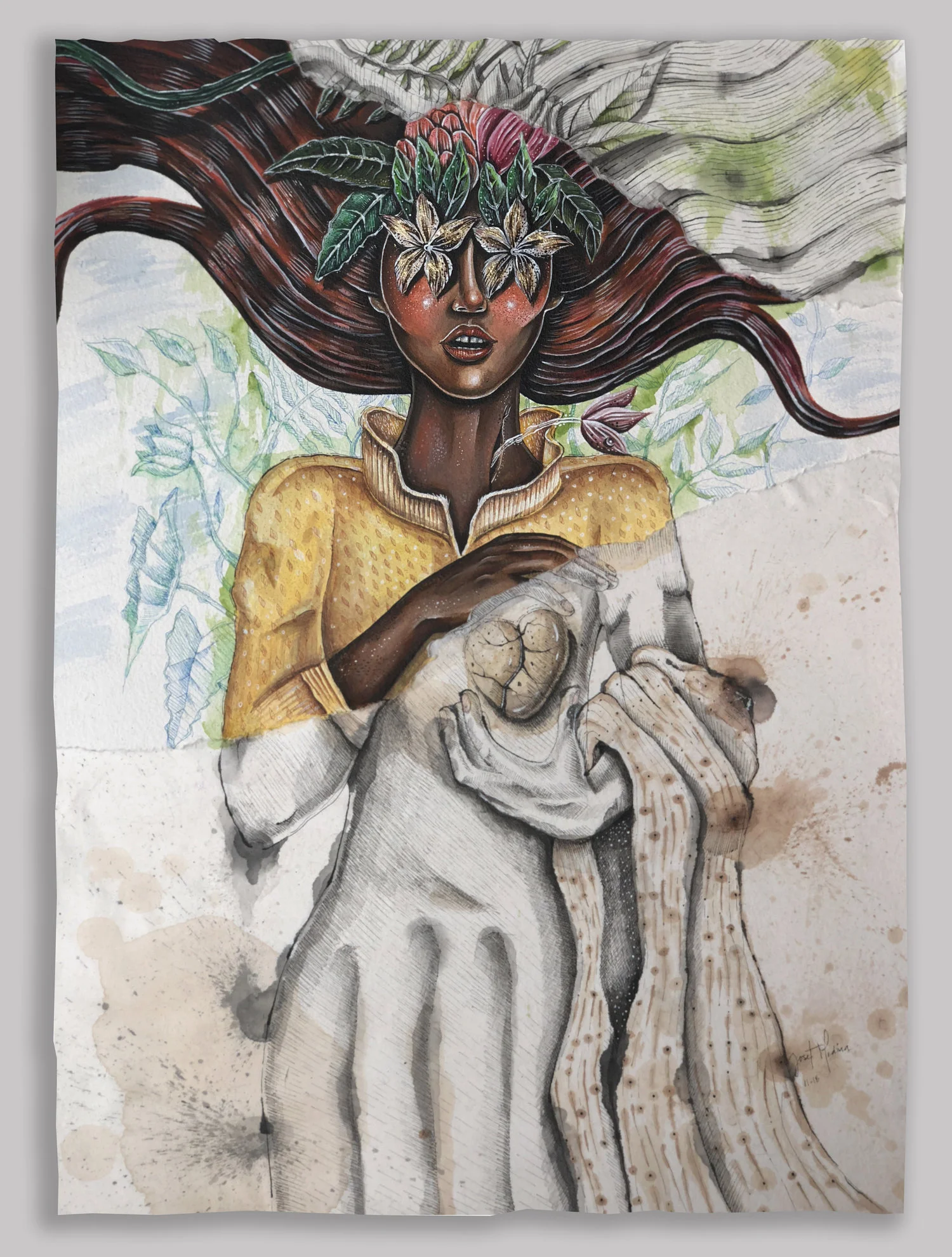 Blossoming Beyond a Bruised Heart (2018) Acrylic, watercolor, ink and gold leaf on paper 30 x 22 inches "In love and in life along with every success there are always failures and in the end it is how one learns from both and use it to grow. I used these lessons as an inspiration to create this work. “Blossoming Beyond a Bruised Heart” takes emotions and pain from my life and shows the growth I have garnered from those experiences to truly find joy beyond the bruises."