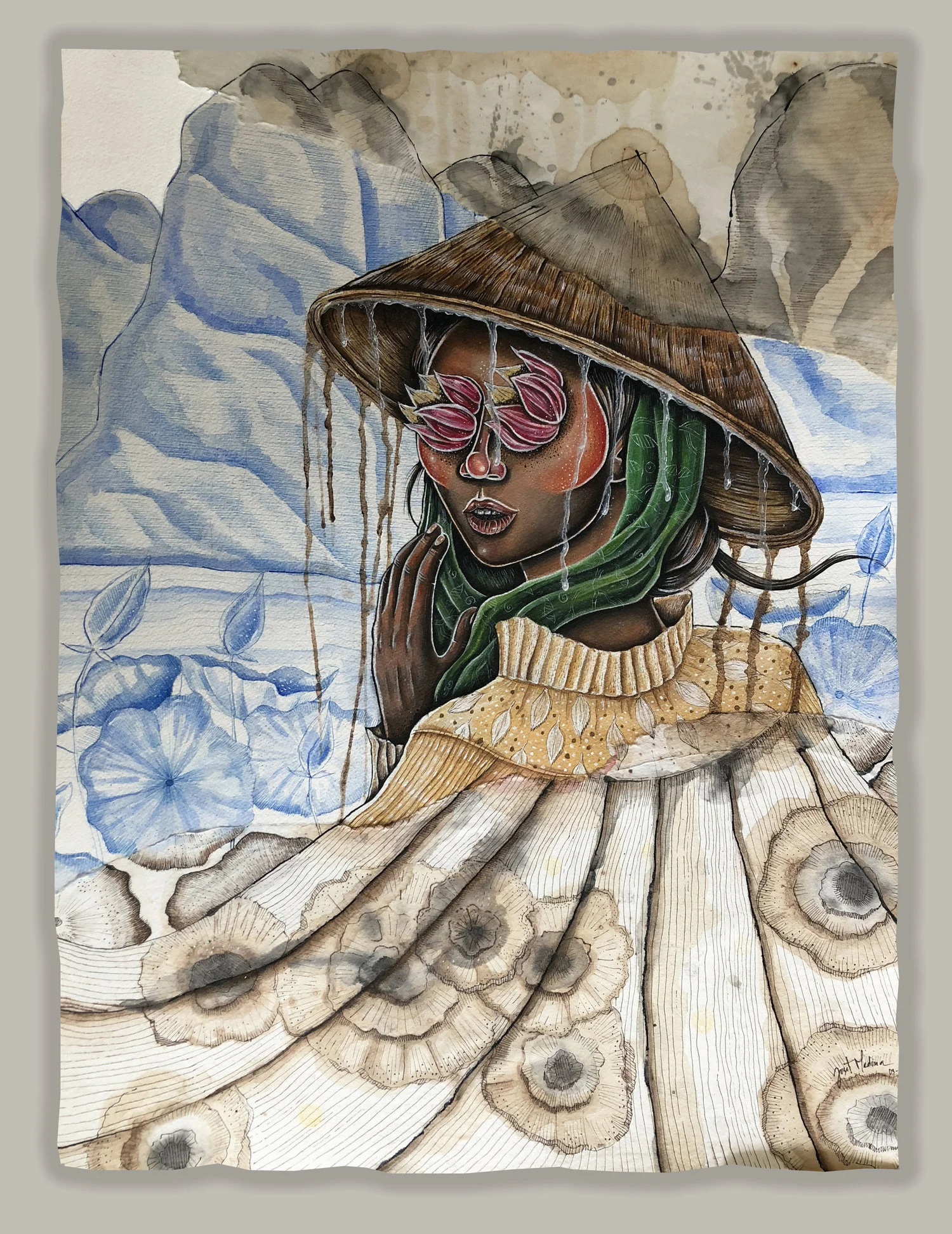 Embracing the Rain (2018) Acrylic, watercolor, ink and gold leaf on paper 30 x 22 inches "I wanted to capture a beautiful moment in Vietnam where the rain, the mountains, the river, and the people were all interwoven into an almost surreal scenery. It was mesmerizing to me to gaze upon the resiliency of a people and a country blossoming like the lotus through the mud and rain of its own past."