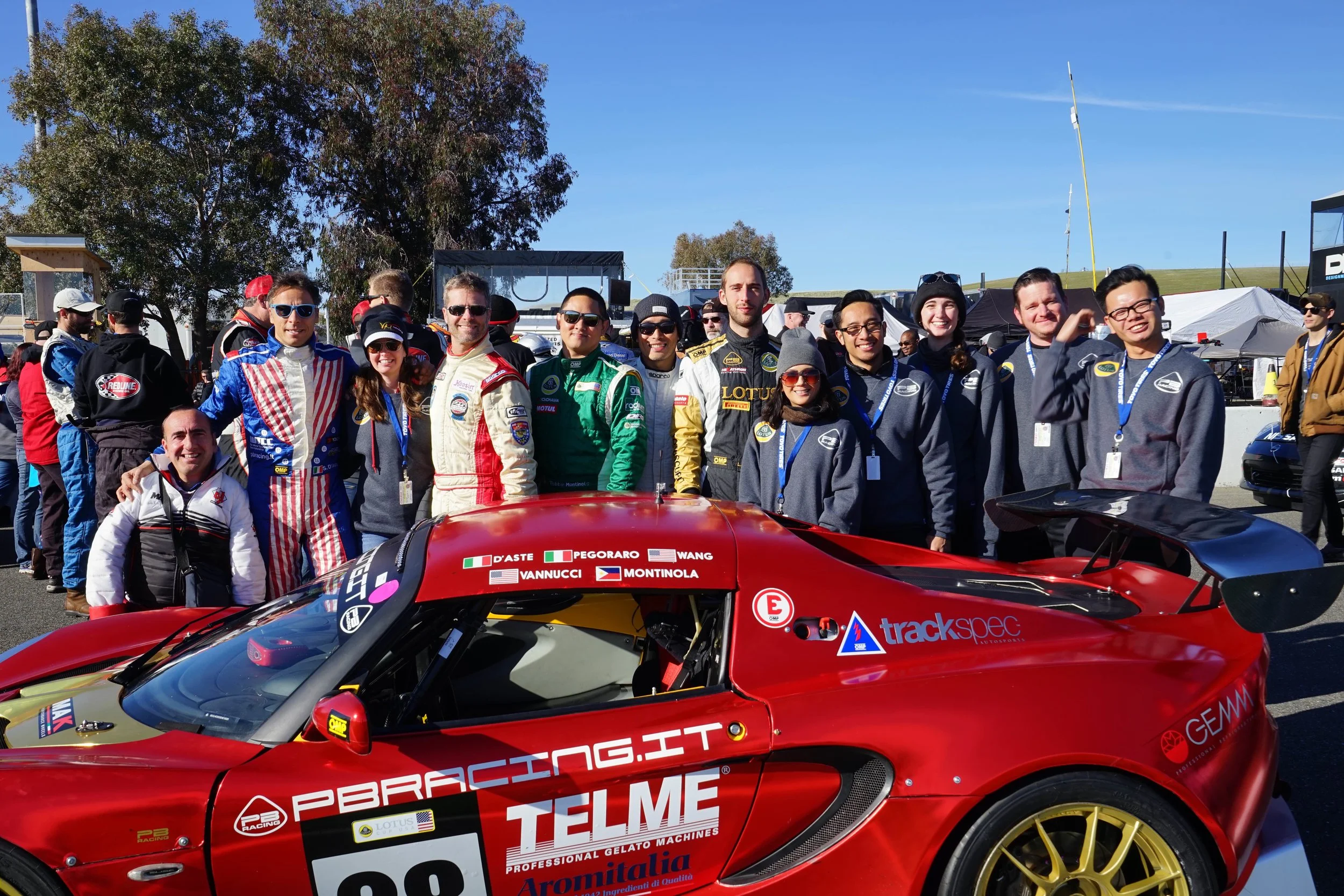 Group photo, but missing Carlo, Luca, and Andrea! PB Racing + Lotus Cup USA + Trackspec Autosports. Great team. PC: Stepanova Nekeel.