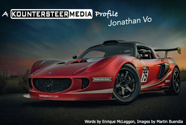Red race car on a road at sunset with Kounterstear Media profile text and the person's name Jonathan Vo.
