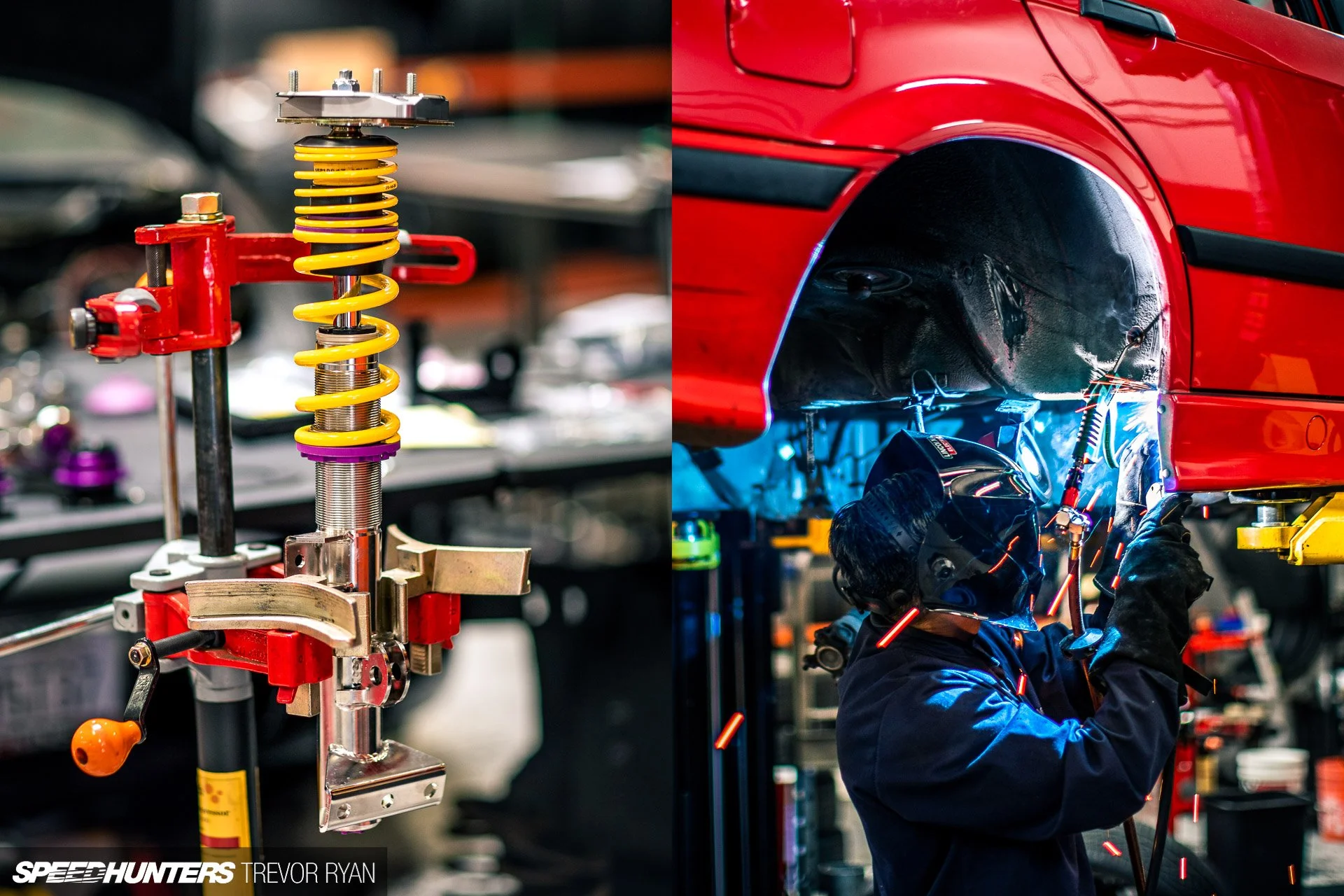 A close-up of a car suspension part on the left and a mechanic welding a red car on the right.