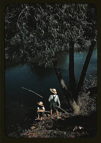 Boys fishing in a bayou, Schriever, Louisiana. Photographed by Marion Post Wolcott.