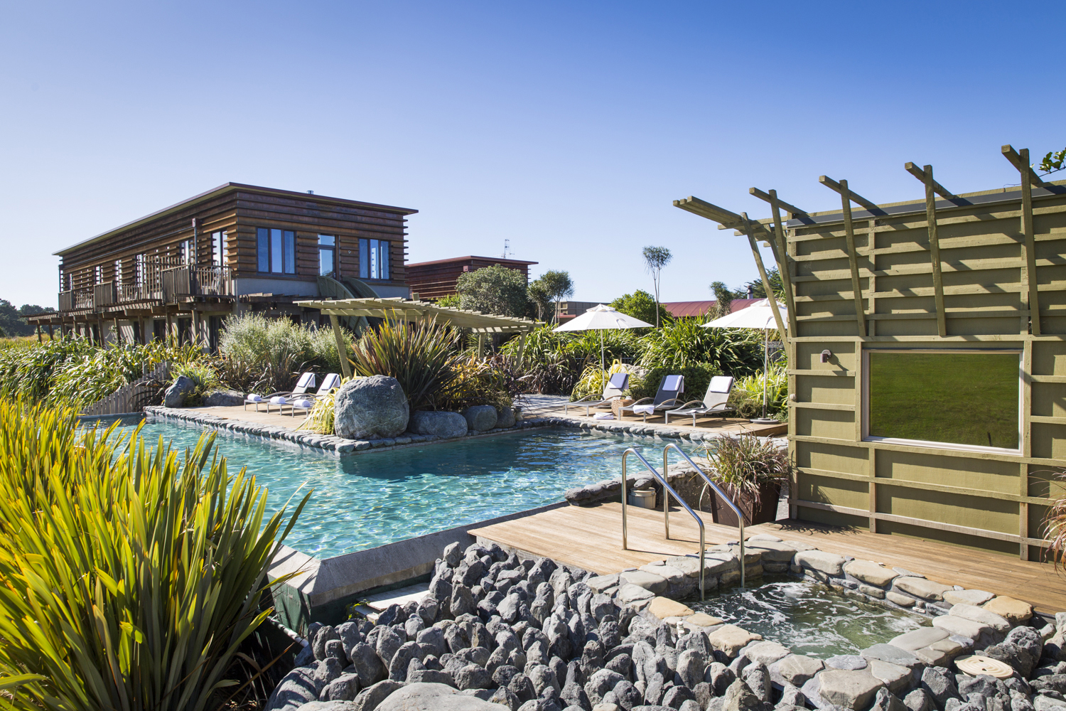 Morning sun on the solar heated pool, spa and sauna.