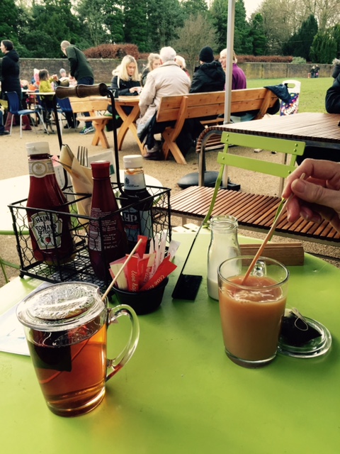 Enjoying tea served with a TEAPY® and glass mug set at the Stables Kitchen, Bramhall.