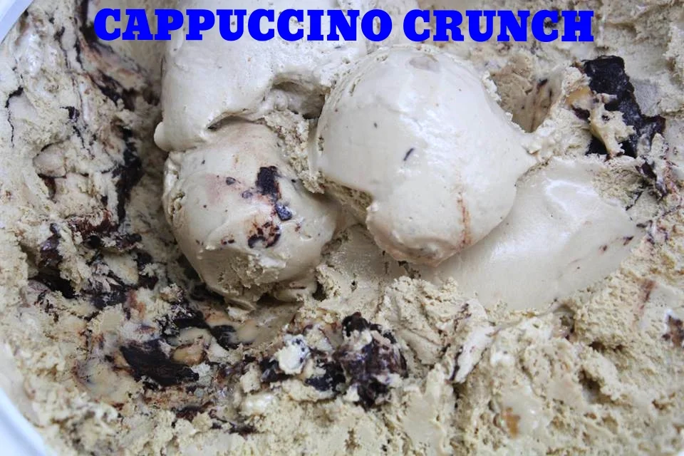 Coffee ice cream with dark chocolate spiral and toffee pieces.